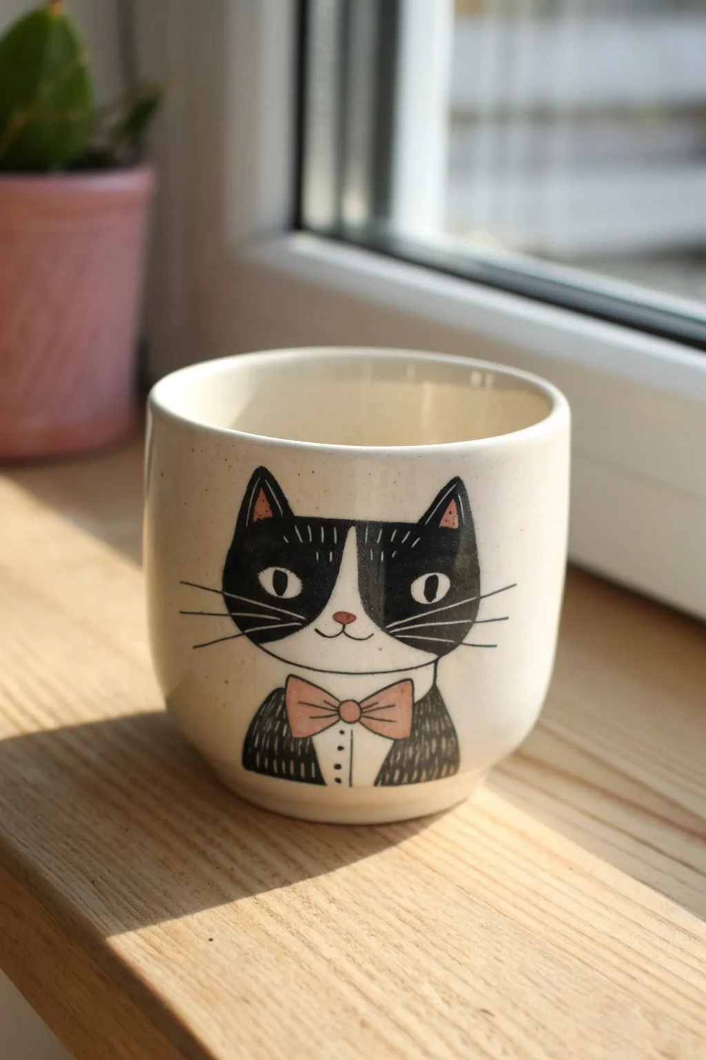Minimal tuxedo cat cup with a tiny bow tie for playful, dressy pottery painting inspiration