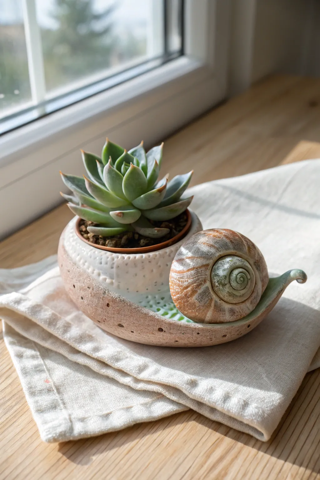 A sweet ceramic snail planter with an earthy glaze and a tiny succulent for calm, cozy decor.
