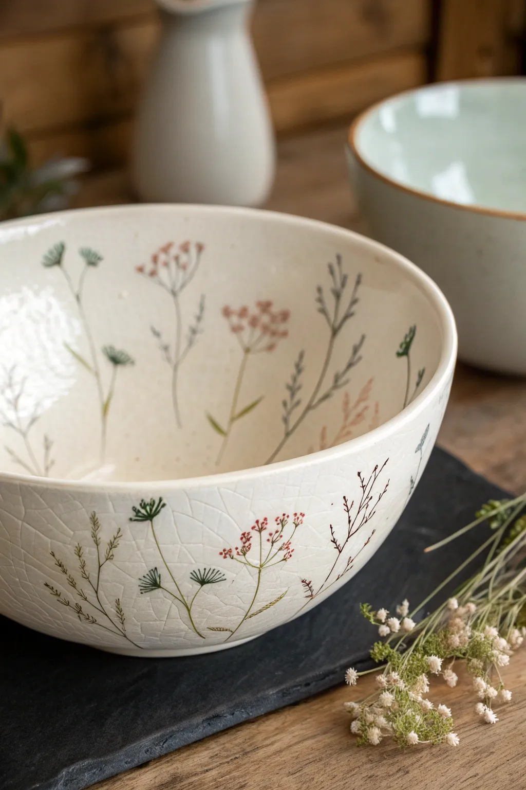 Airy wildflower stems on a white glaze bowl for an easy, Scandinavian-inspired boho look.