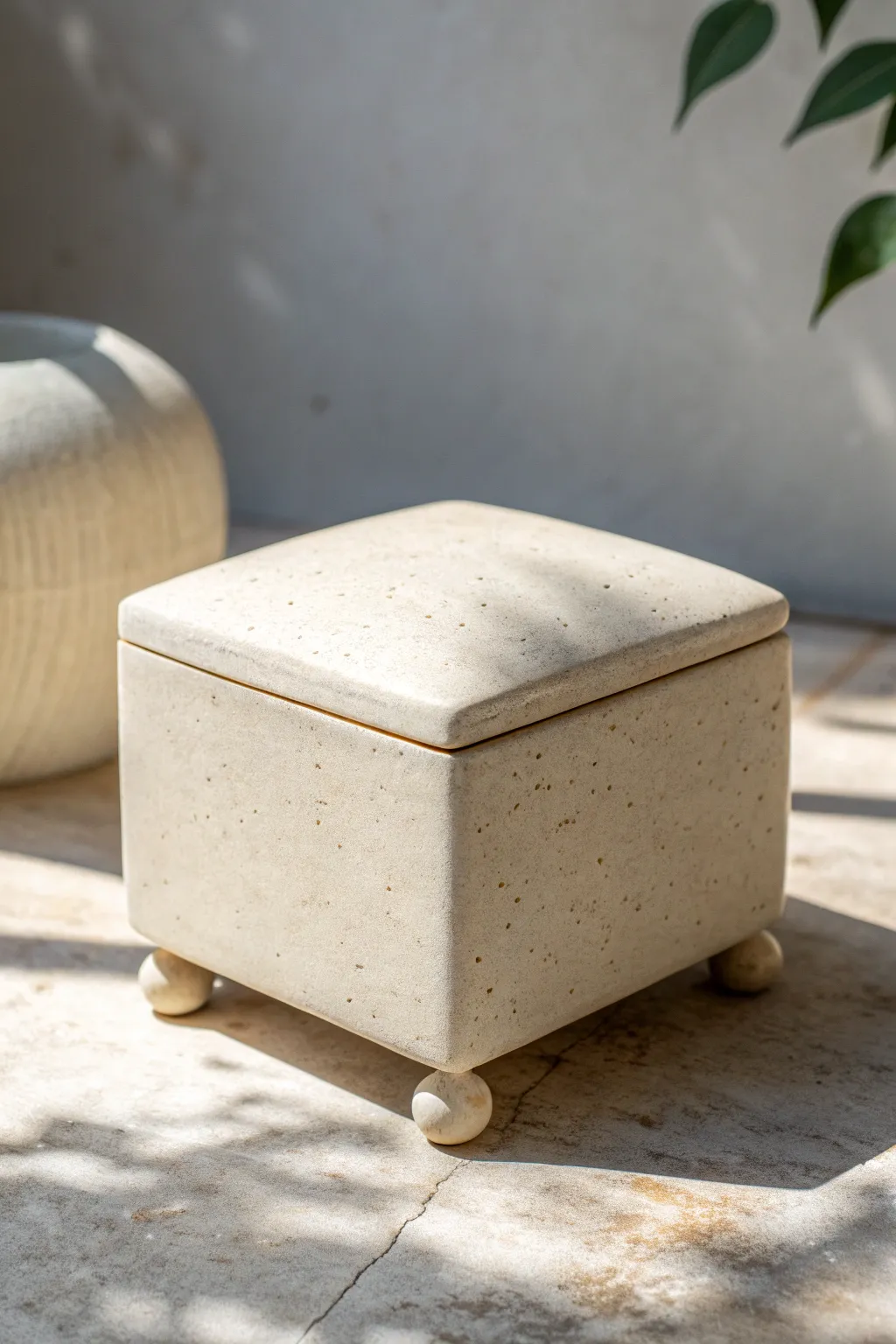 Footed ceramic box with rounded ball feet and lid, minimalist Scandinavian boho styling.
