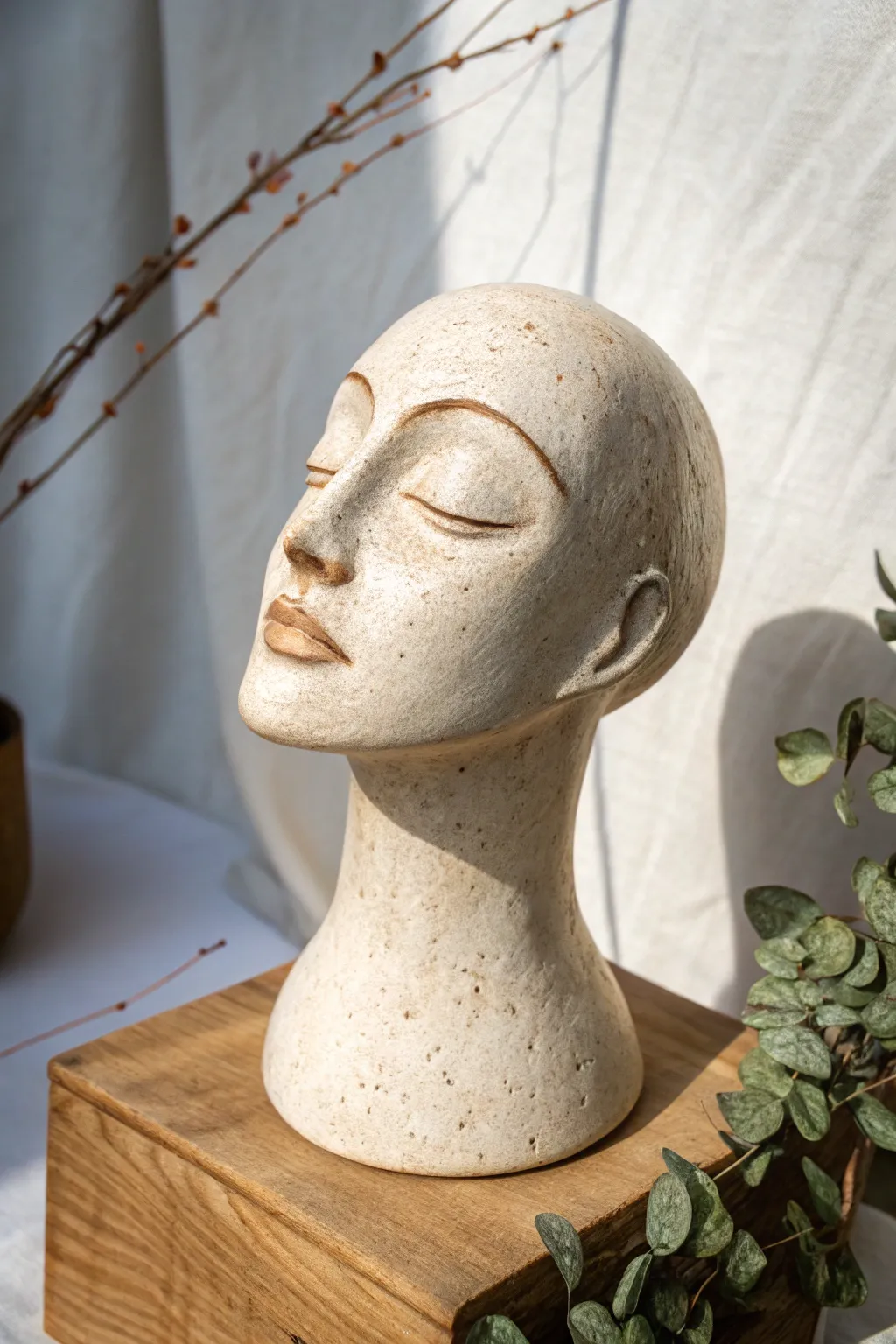 Closed-eyes ceramic bust with a soft speckled glaze and calm, minimalist Scandinavian mood