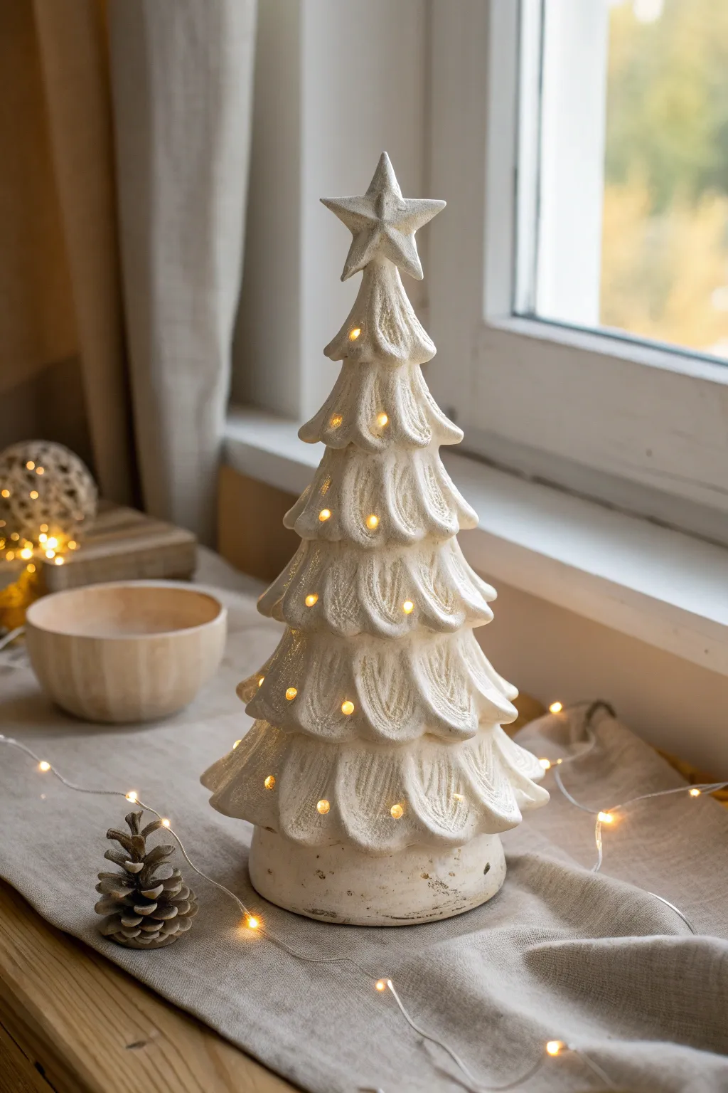 Chalky neutral ceramic tree with warm white glow and softly brushed tips for modern calm