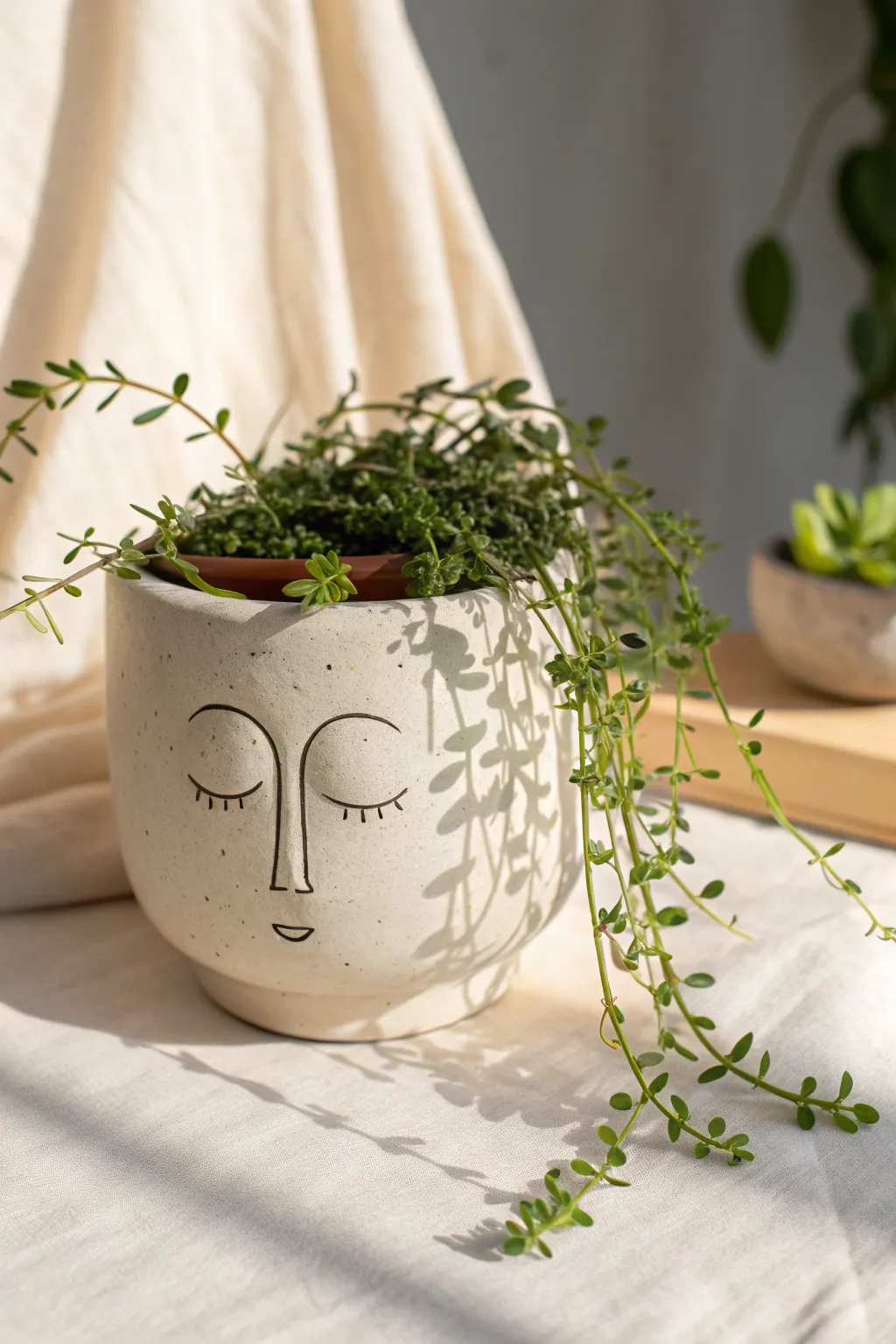Sweet minimalist face planter with trailing greenery hair, a cozy clay art idea for beginners