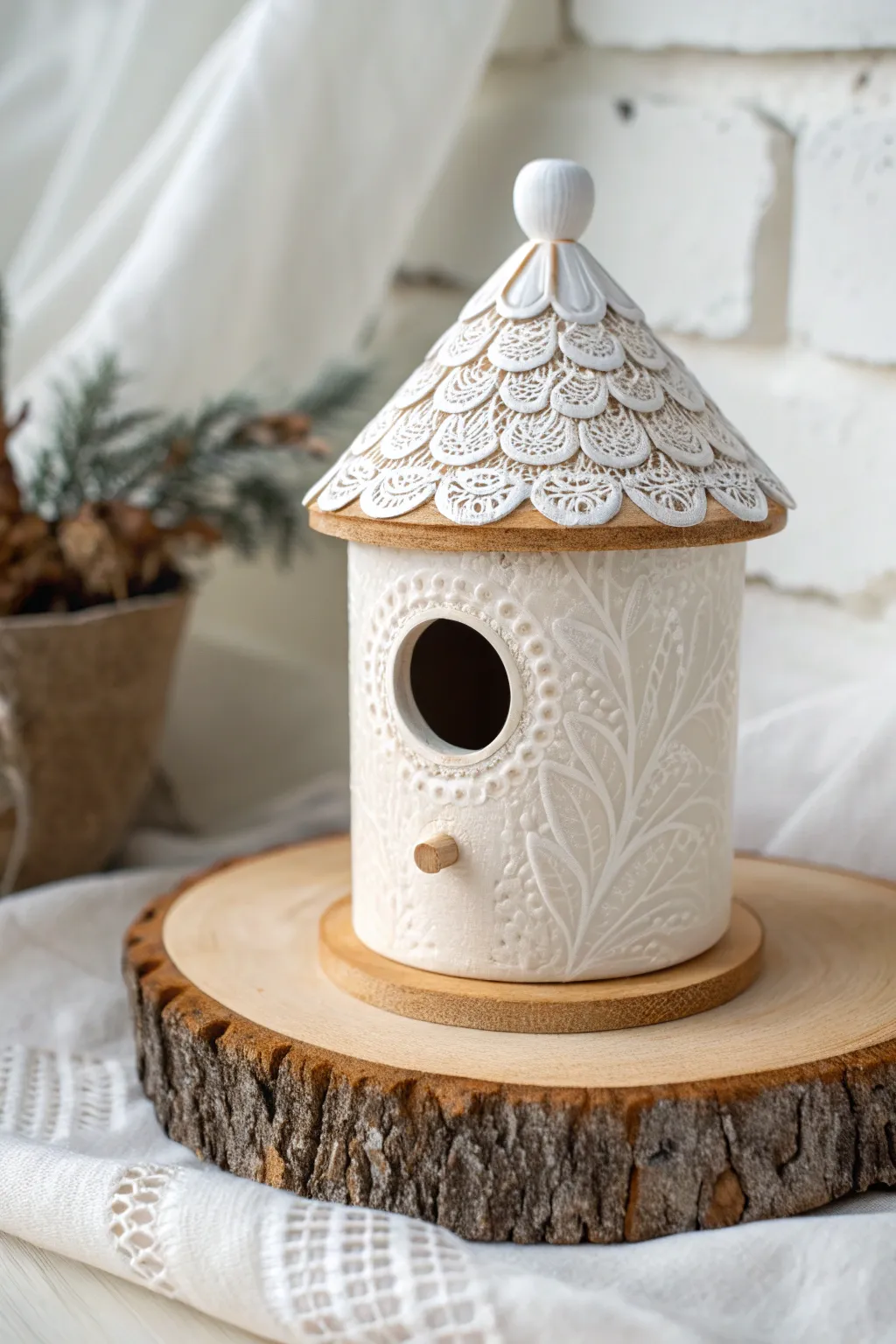 Crisp white ceramic birdhouse with lace-textured roof, styled simply on warm wood.