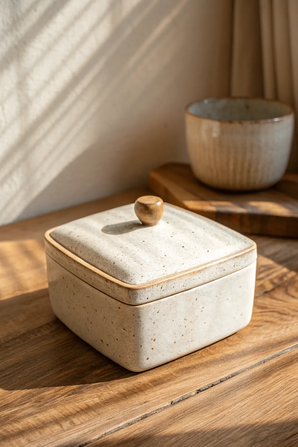 Simple domed ceramic box with a knob lid, cozy on wood, minimalist boho shelf styling.
