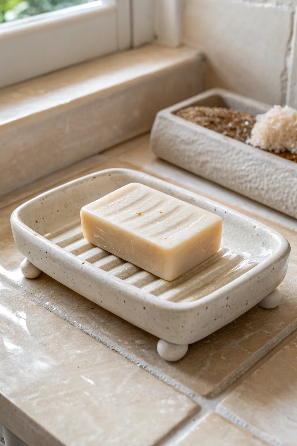 Ridged ceramic soap dish on corner feet, glossy glaze and true drainage for a dry soap bar.