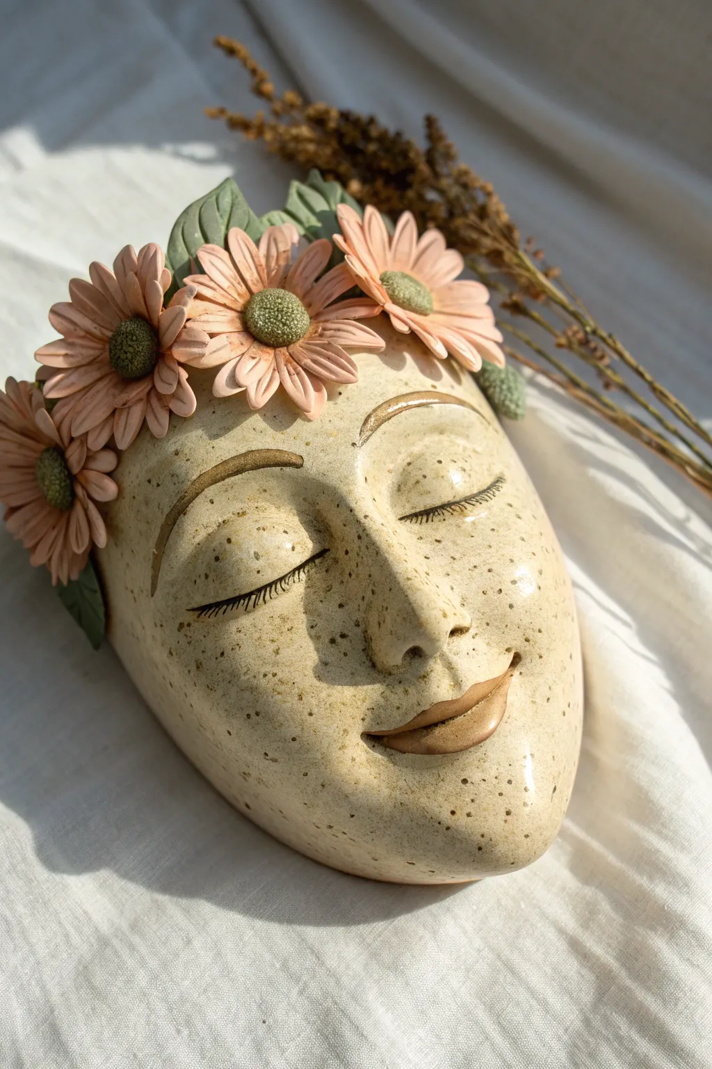 Friendly ceramic portrait mask with a simple daisy crown in soft blush and sage