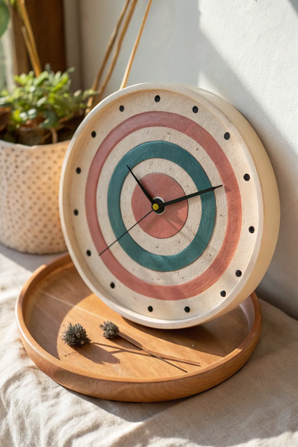 Bullseye glaze ceramic clock in bold color blocks, minimalist and boho for a calm modern wall.