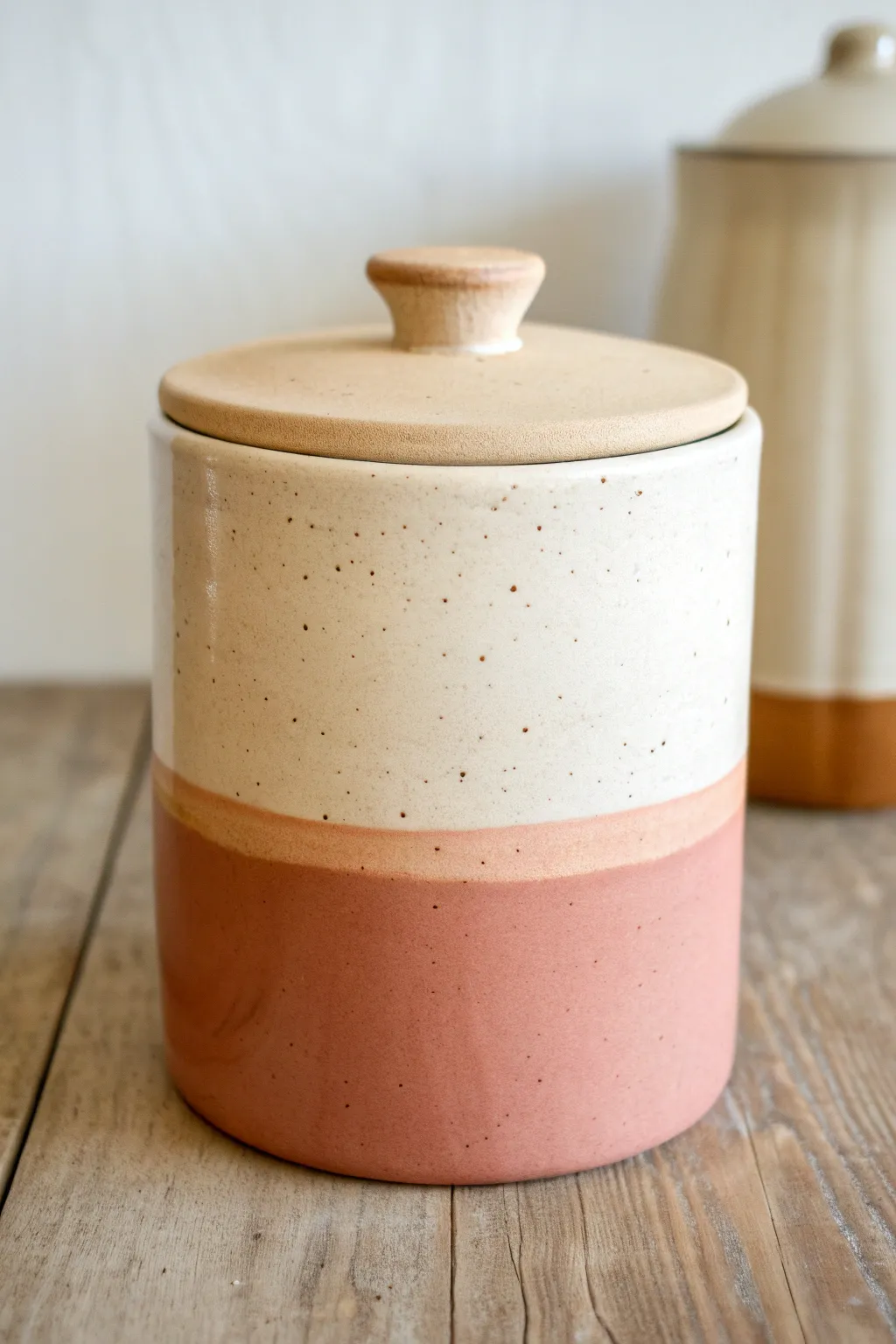 Clean color block glaze transforms a simple lidded cookie jar into modern Scandinavian charm.