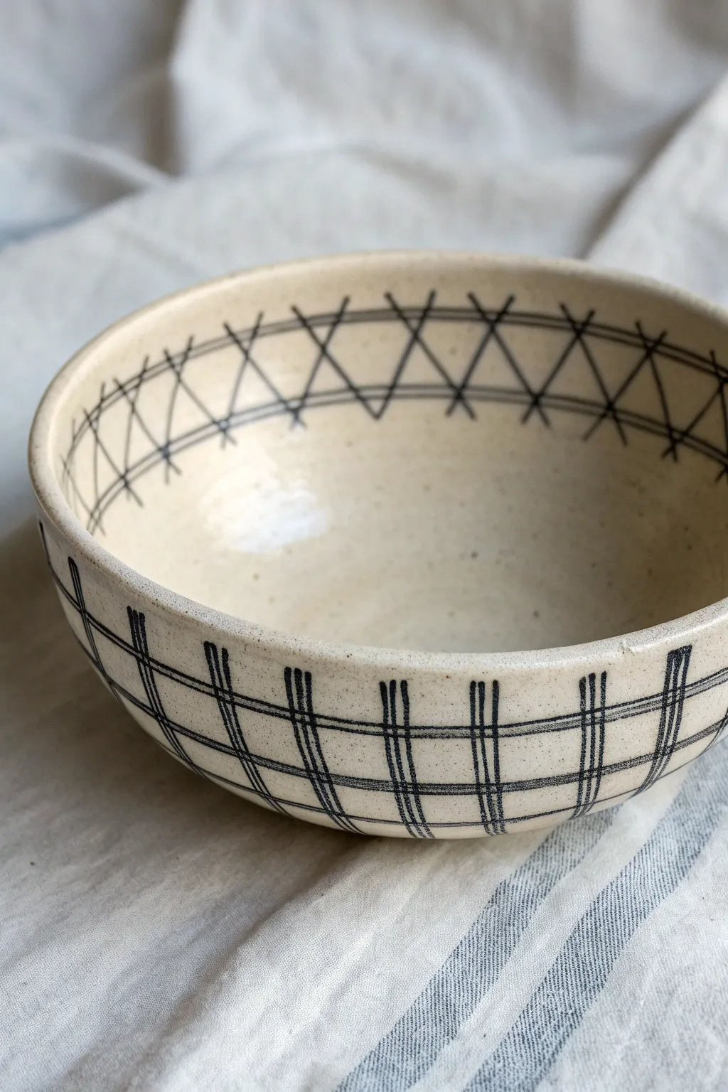 Hand-drawn grid bowl in soft neutrals, an easy ceramic drawing idea with modern Scandi charm.