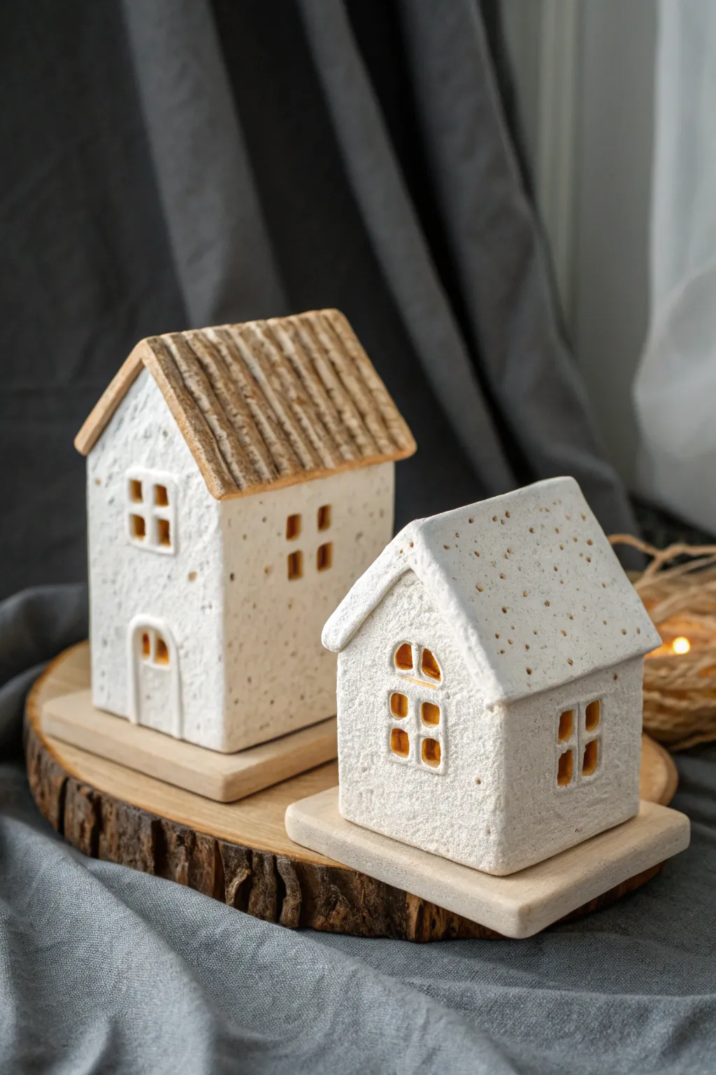 Two ceramic houses compare shingle and thatch roof textures for simple, stylish roof detail ideas.