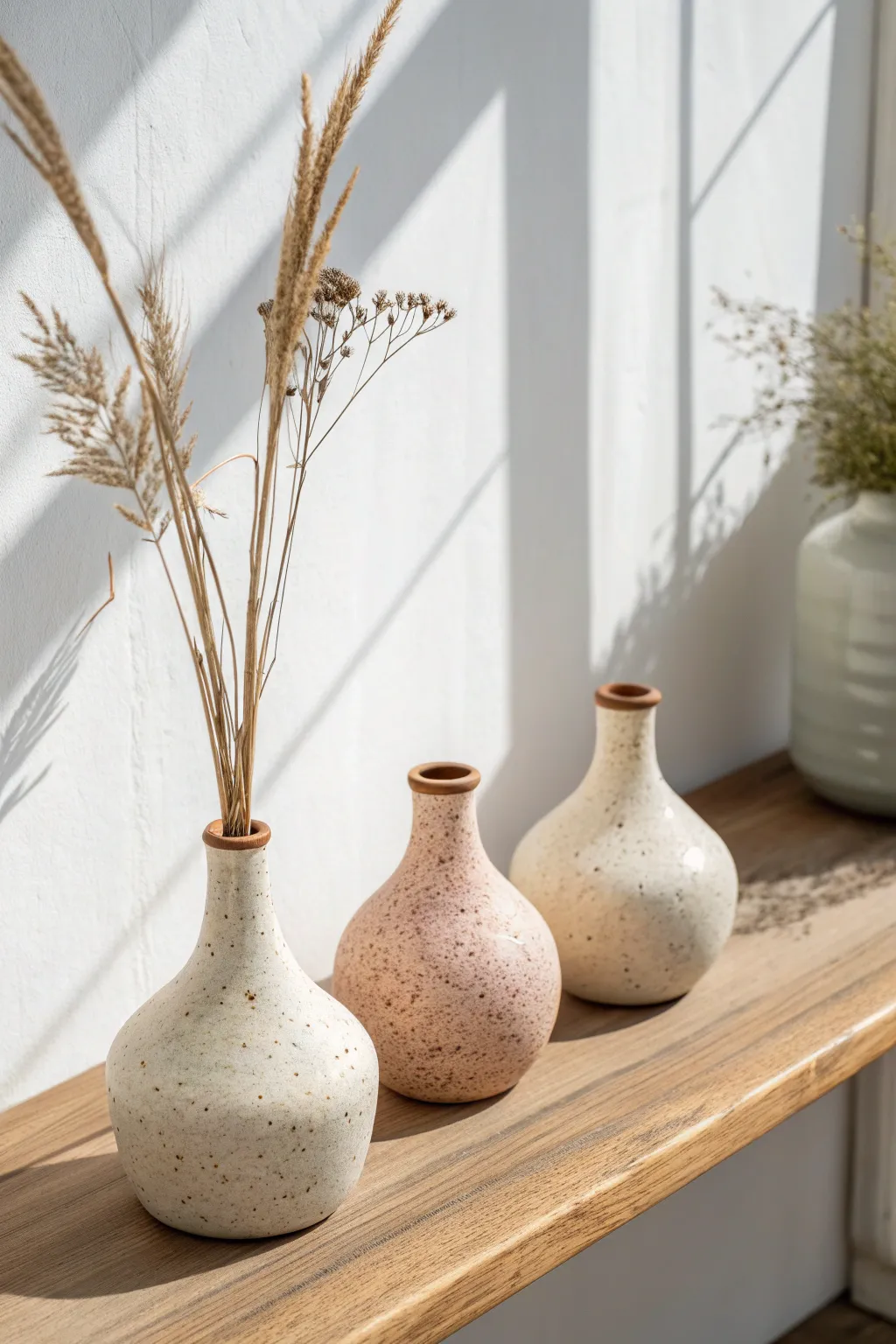 Three petite bud vases in coordinated neutral glazes, each holding one airy stem in sunlight.
