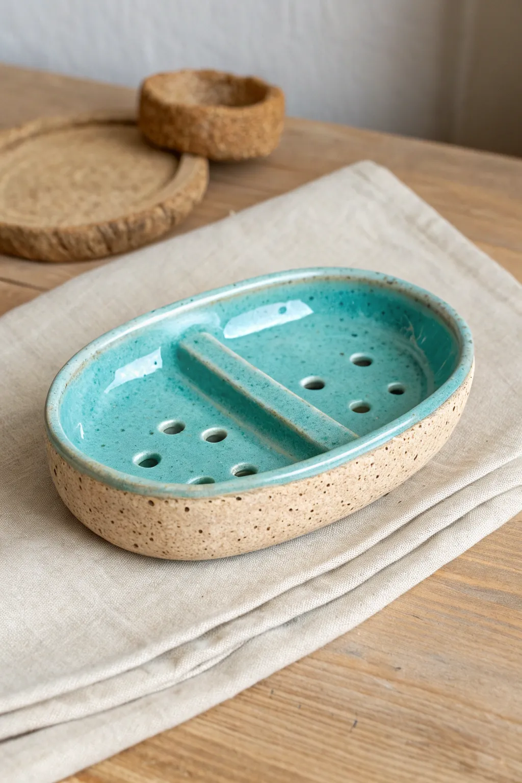 Bright glazed spoon rest with drainage slots, a simple high school pottery win for daily use.