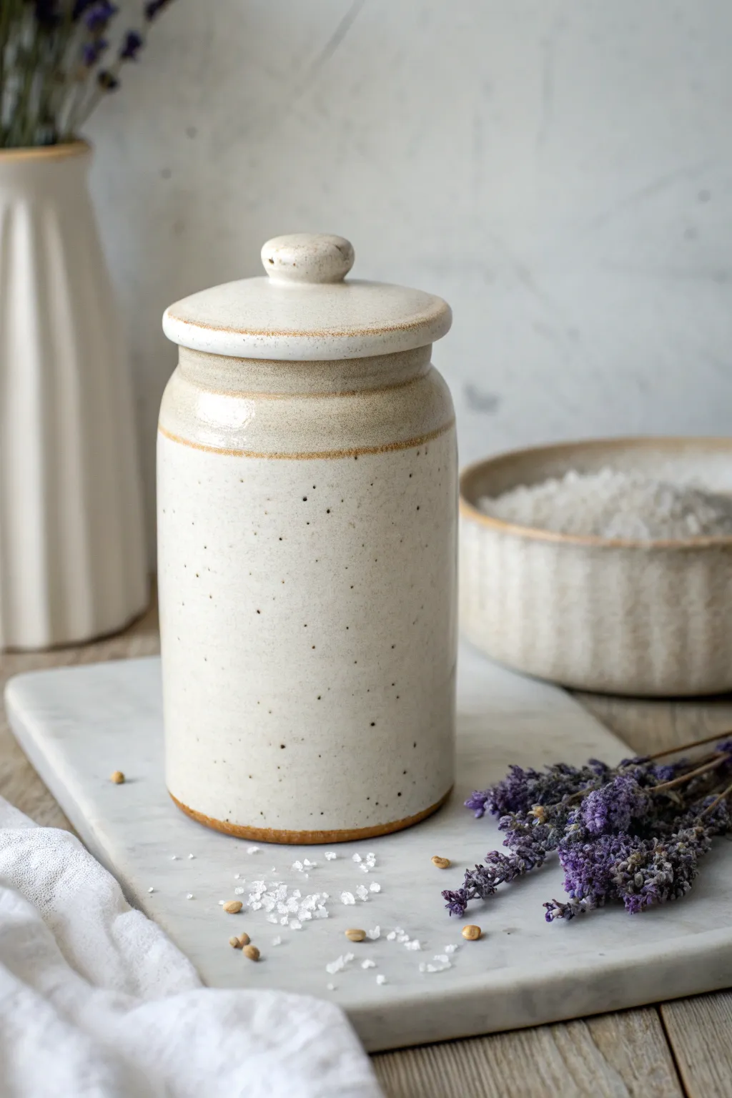 Apothecary-style tall ceramic jar with an overhanging lid, made for beautiful everyday storage.