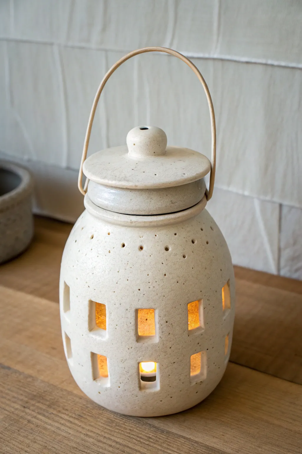 Minimal jar-shaped ceramic lantern with loop handle, lid ajar, warm glow, calm boho vibe.