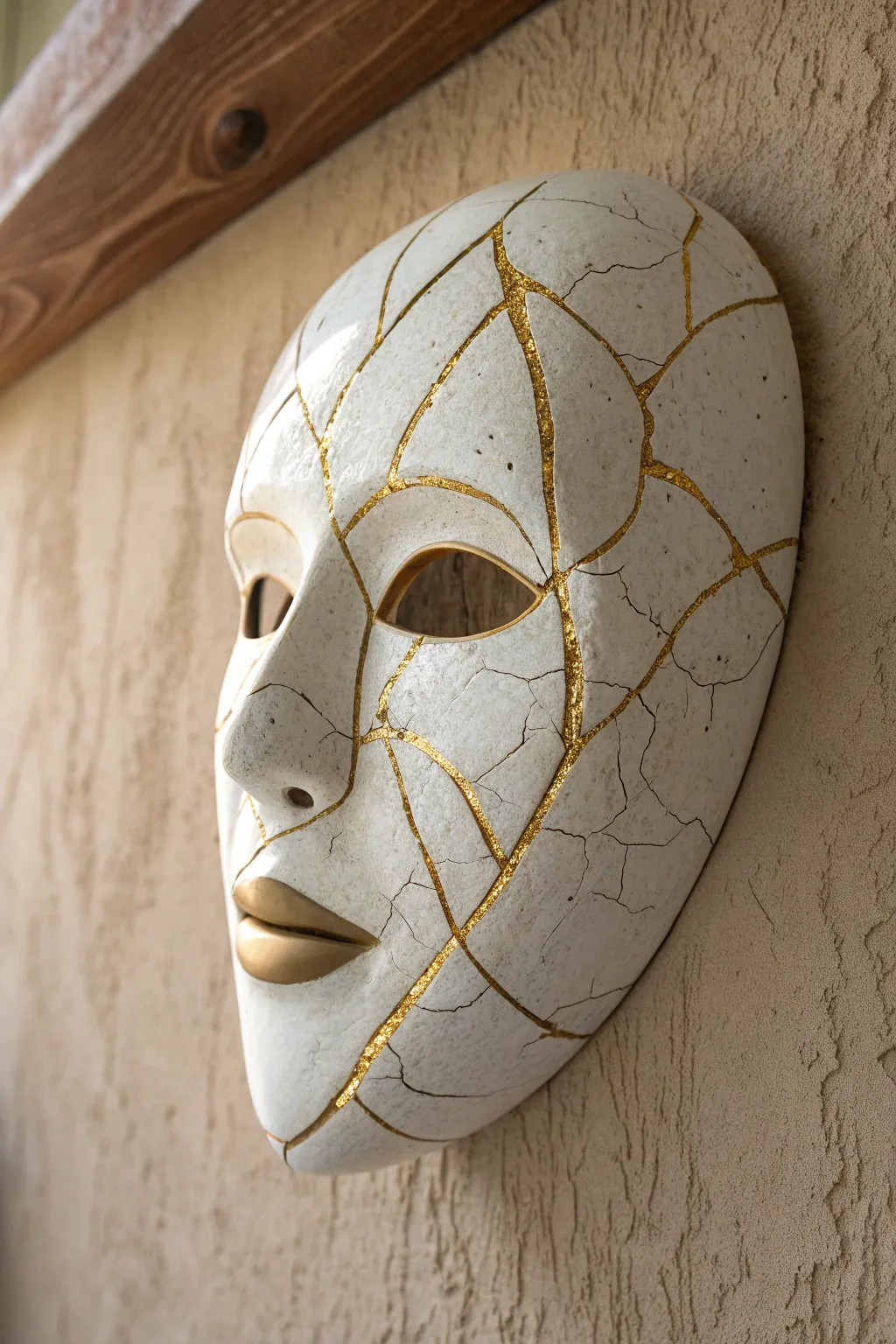 Pale porcelain mask with gold kintsugi cracks for a minimalist, cherished wall accent