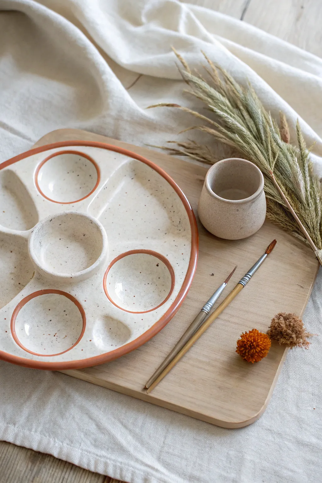 Matching ceramic palette, water cup, and brush rest in a calm minimalist glaze set