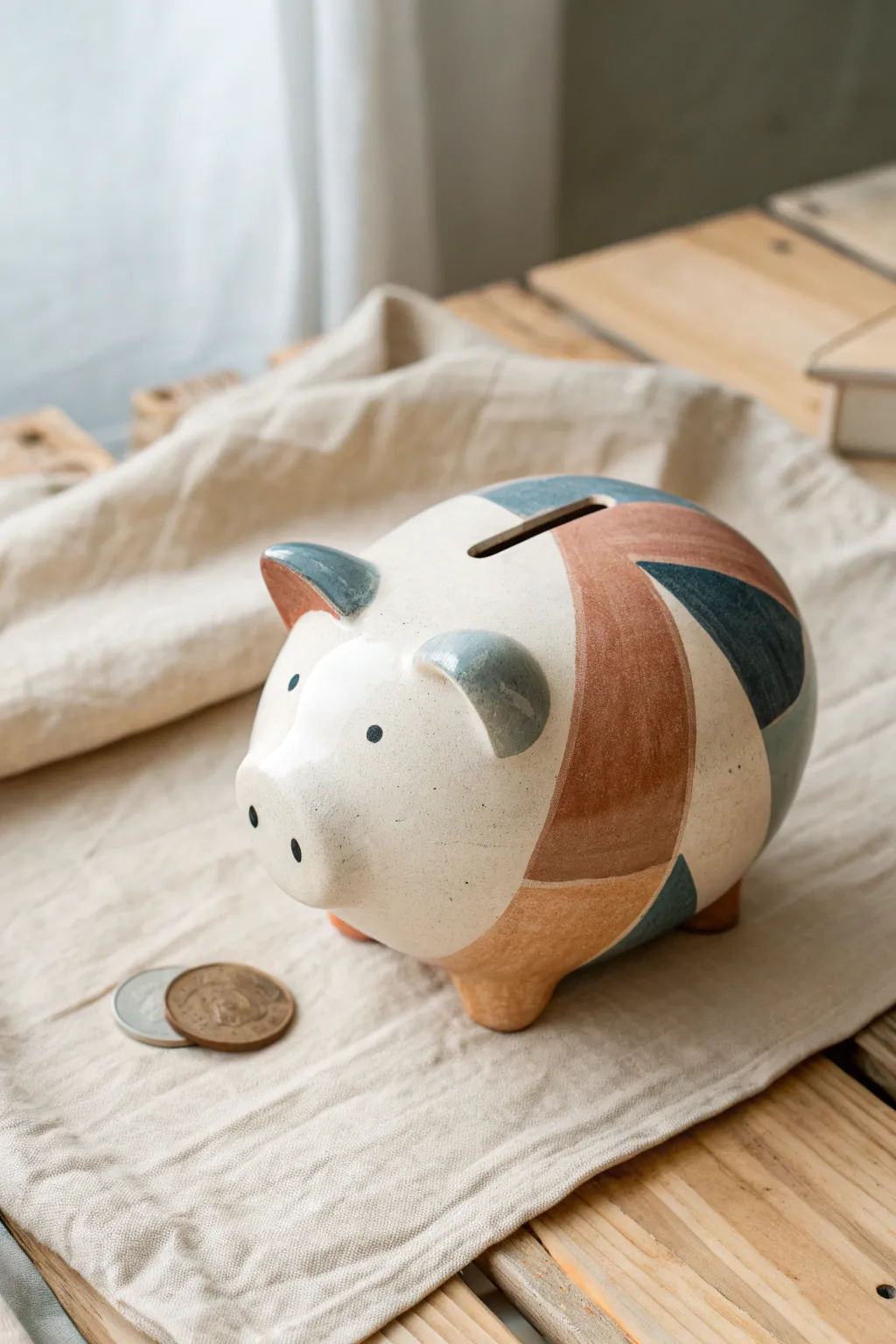 Modern geometric color-block ceramic piggy bank in cream, clay, dusty blue, and charcoal