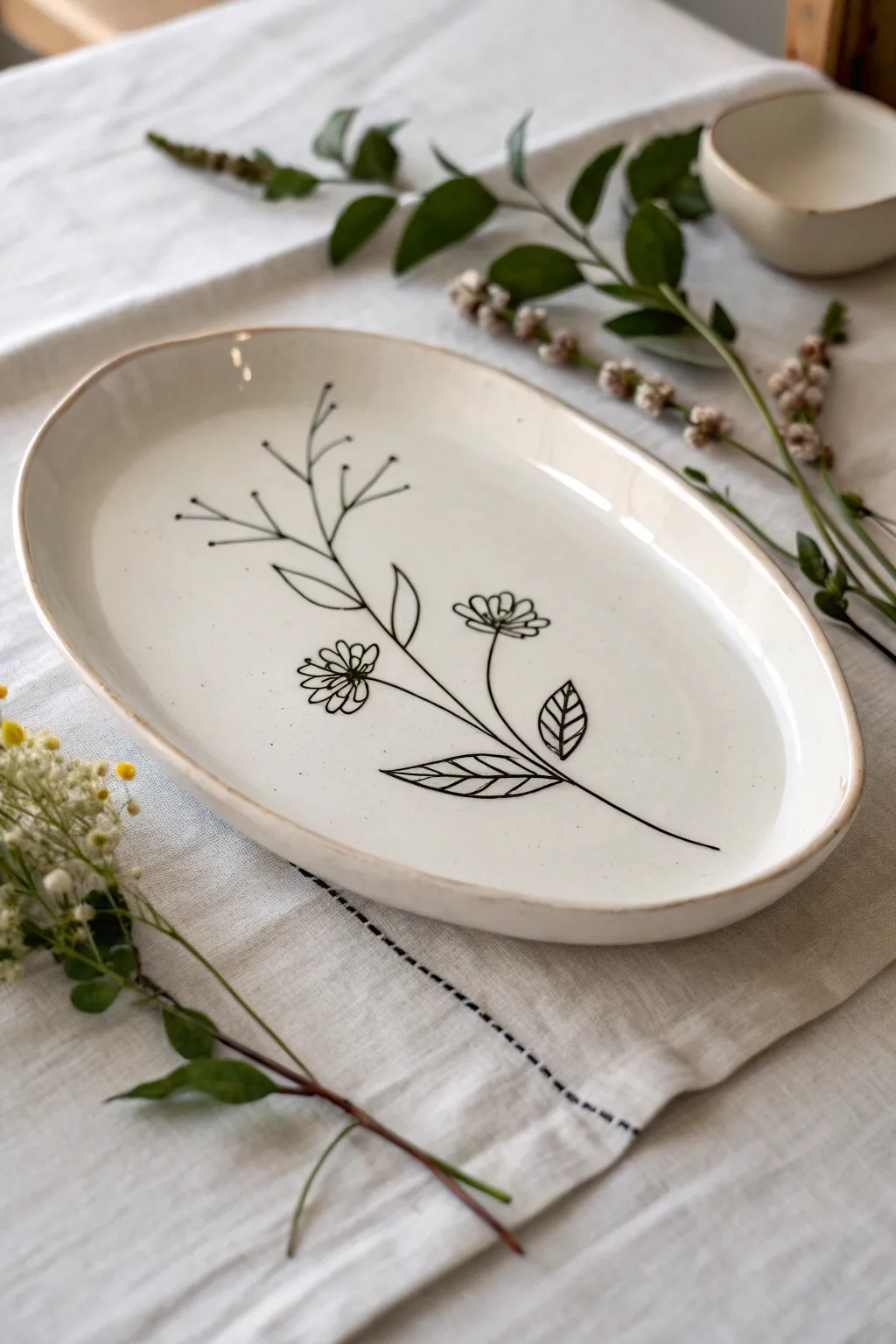 Minimal white platter with a simple botanical line drawing for a calm, modern table moment