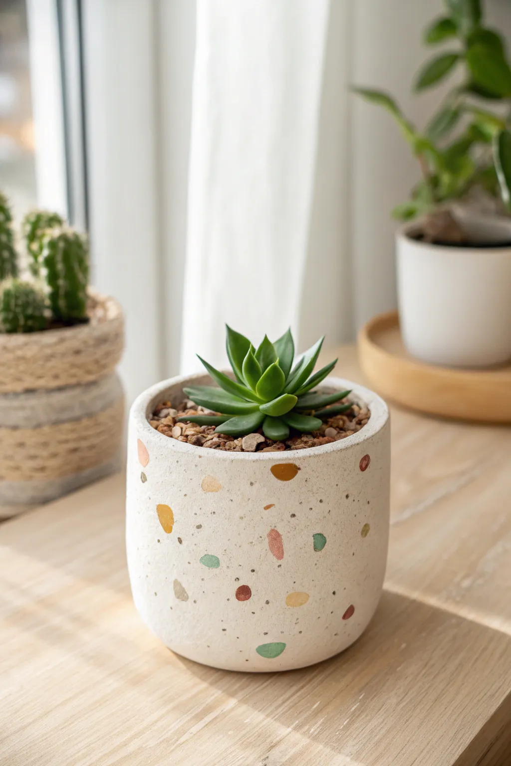Terrazzo confetti dot pot with a sweet succulent, bright minimal styling and handmade charm