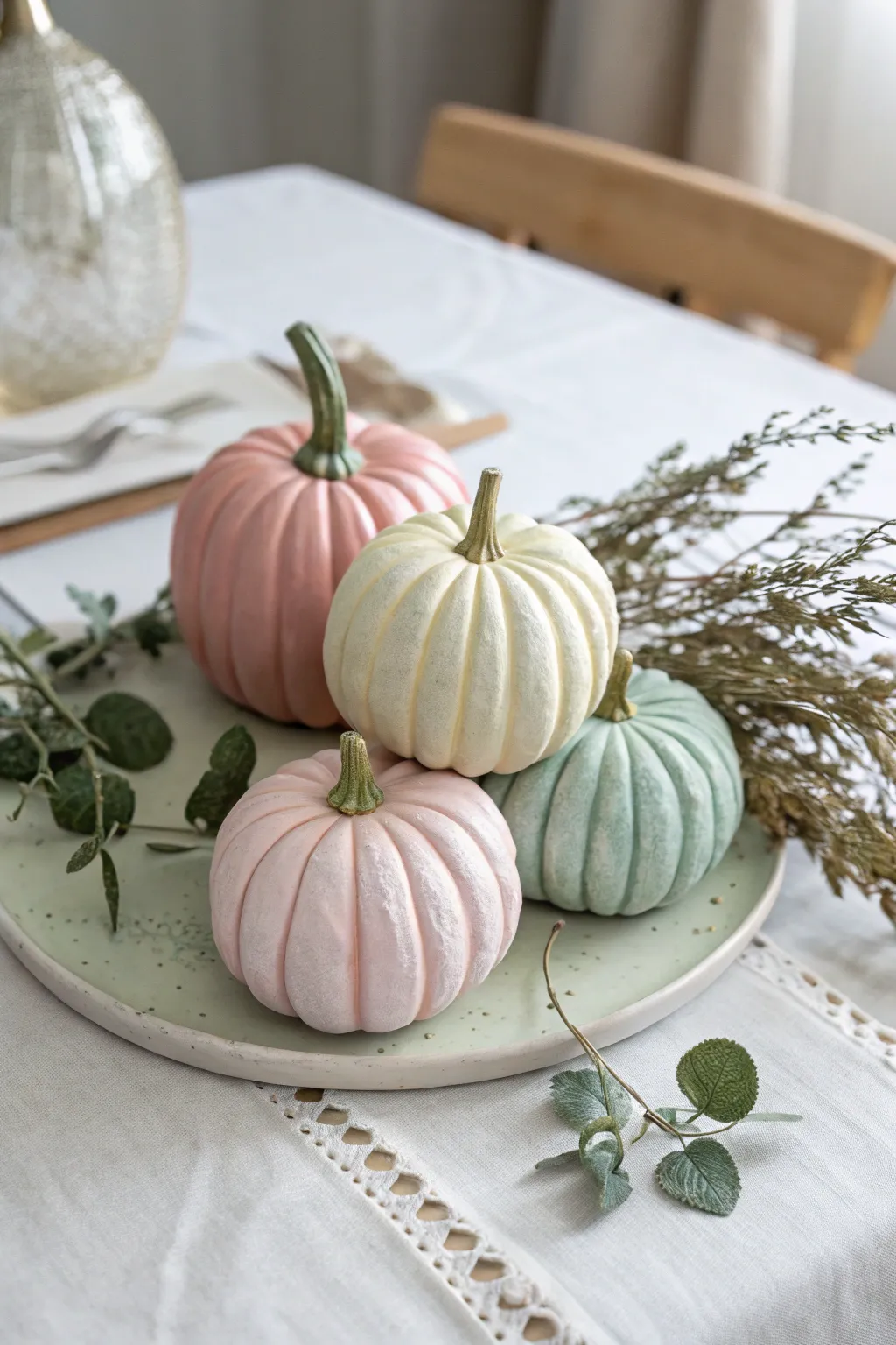 Soft pastel ceramic pumpkins clustered on light wood with muted greenery, minimalist fall charm.