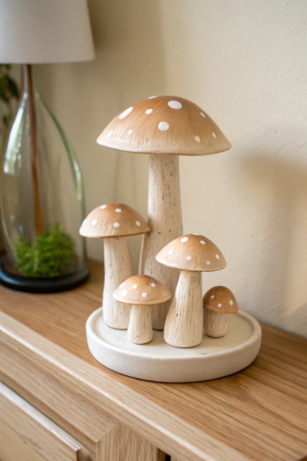 A cozy cluster of simple ceramic mushrooms, perfect for whimsical minimalist shelf styling.
