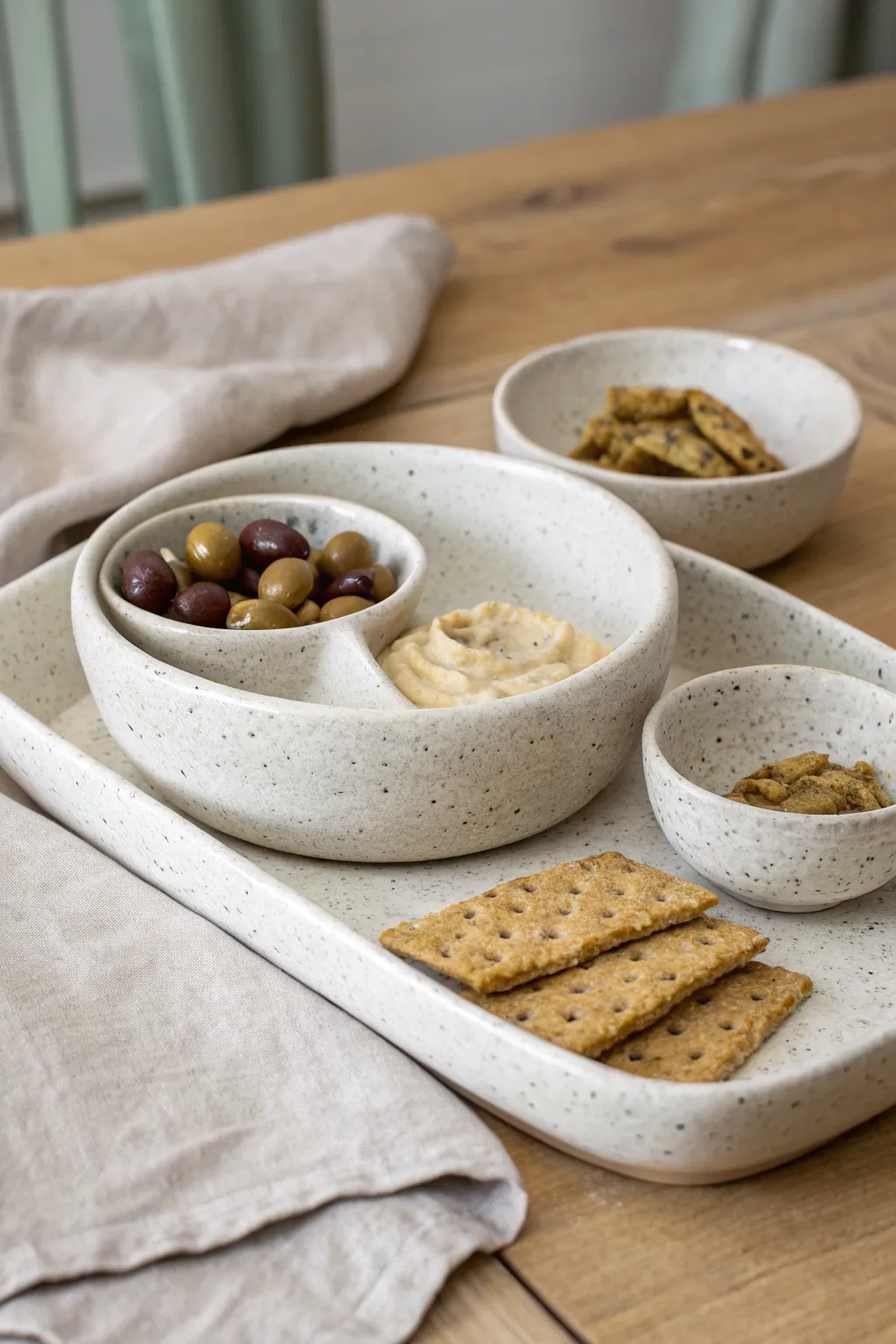 Minimal snack and dip ceramic set in soft speckled glaze, styled for cozy gatherings.