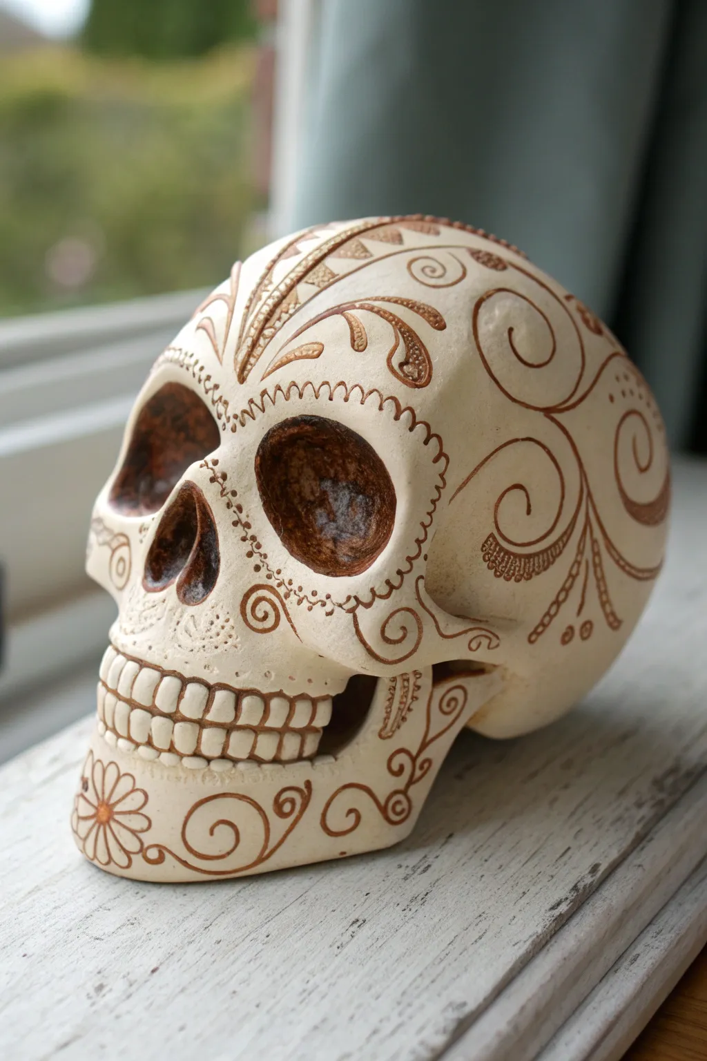Swirly filigree sugar skull in two-tone paint, minimalist Scandinavian vibe with boho warmth.
