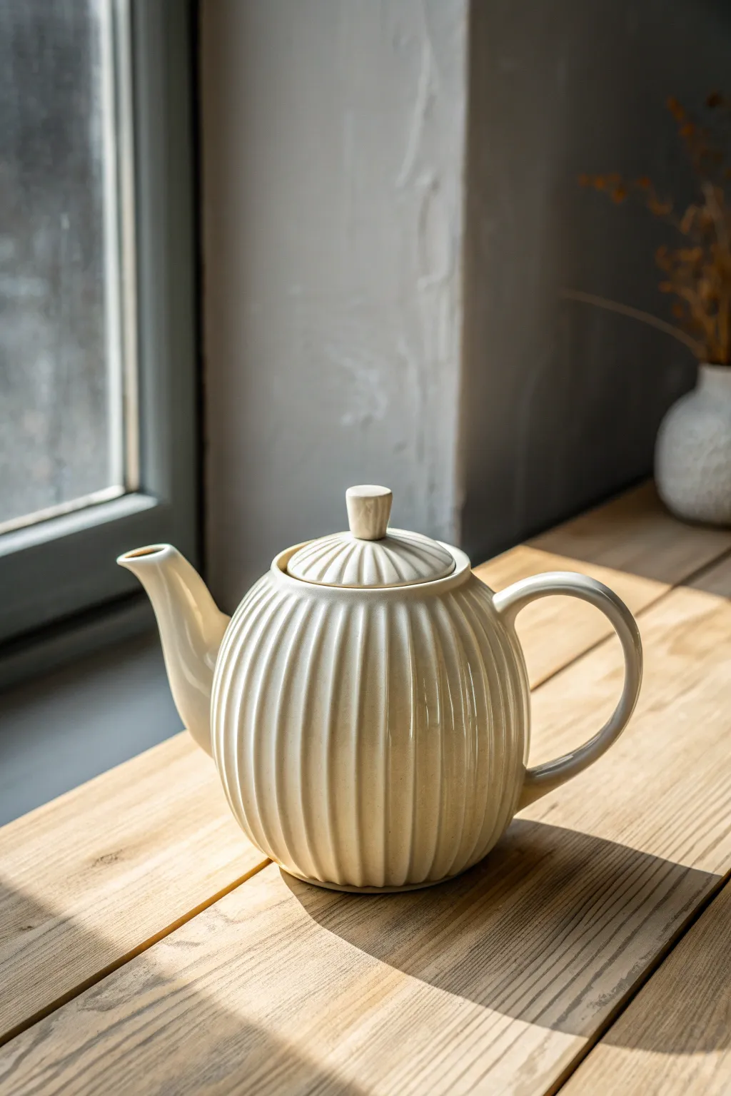 Fluted ribbed ceramic teapot in glossy ivory glaze, a minimalist Scandinavian statement piece.