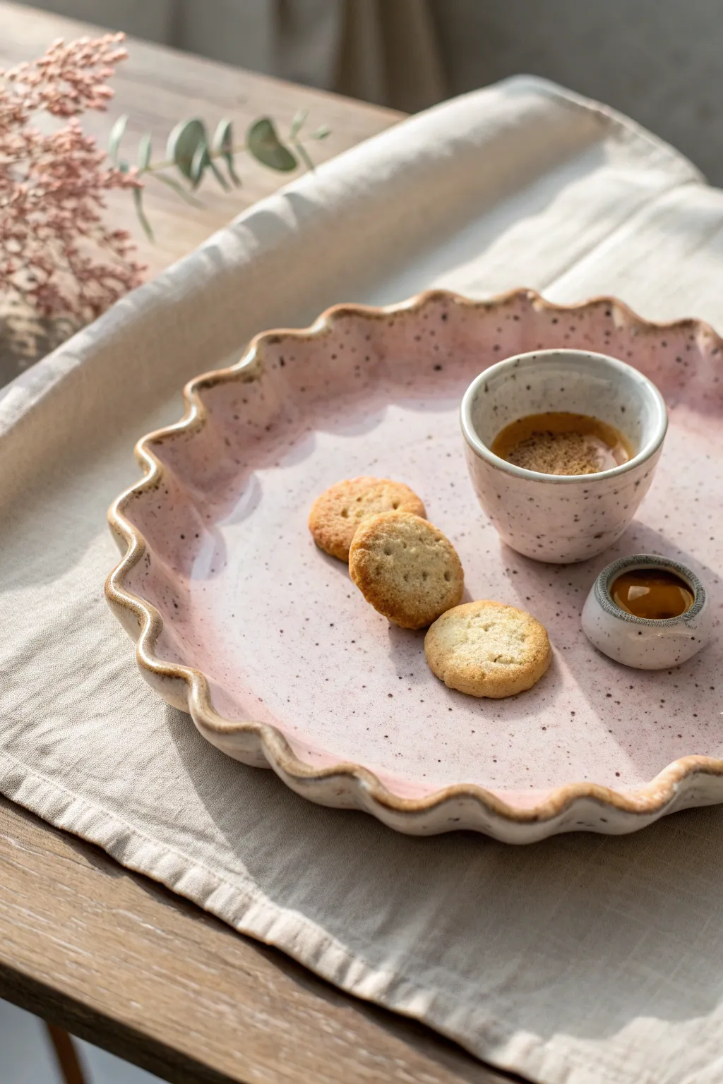 Scalloped pastel dessert tray styled simply with cookies and a tiny cup for sweet snack moments.