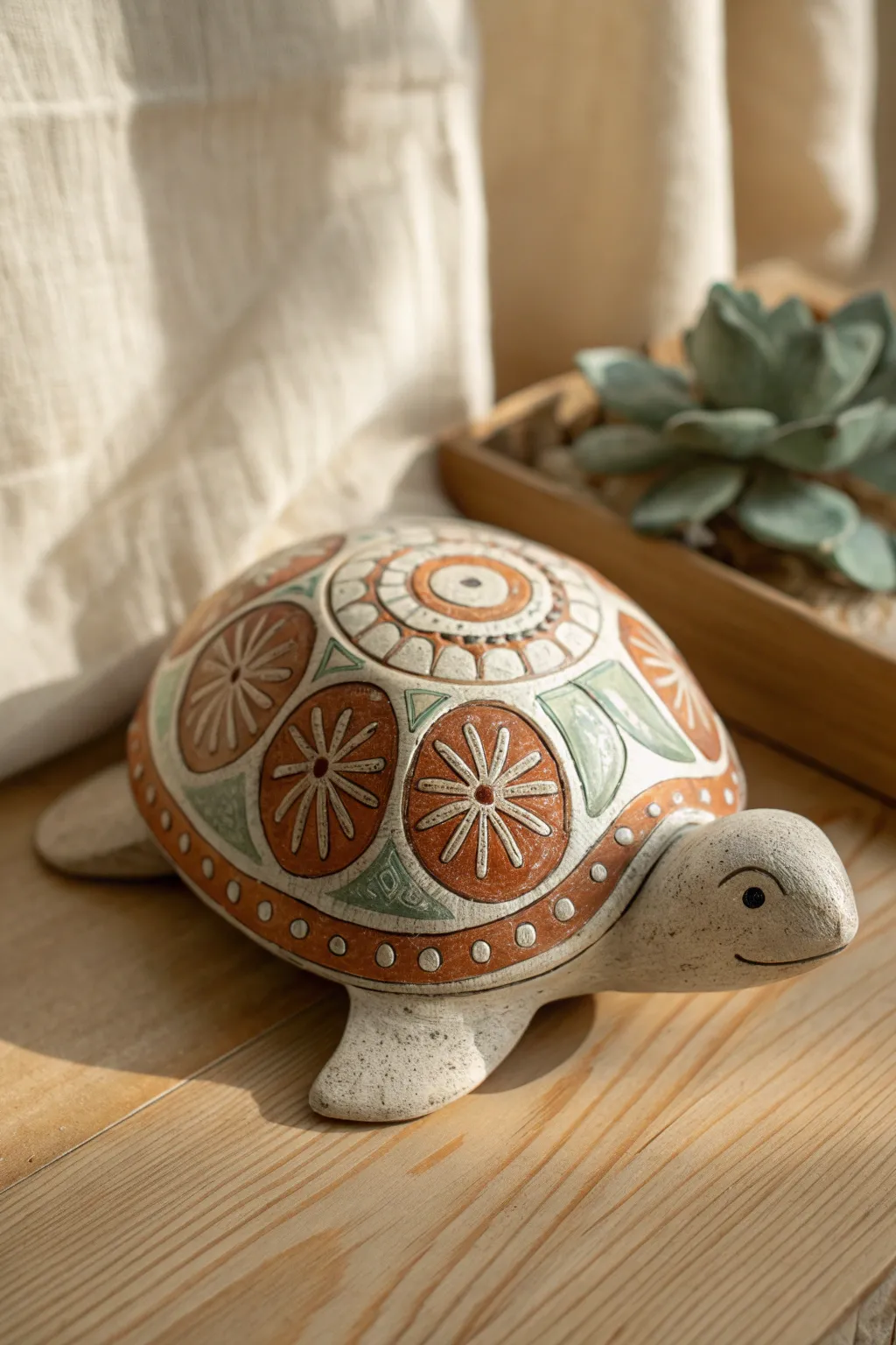 Mandala medallion turtle shell in warm light, simple dots and petals for calm boho charm.