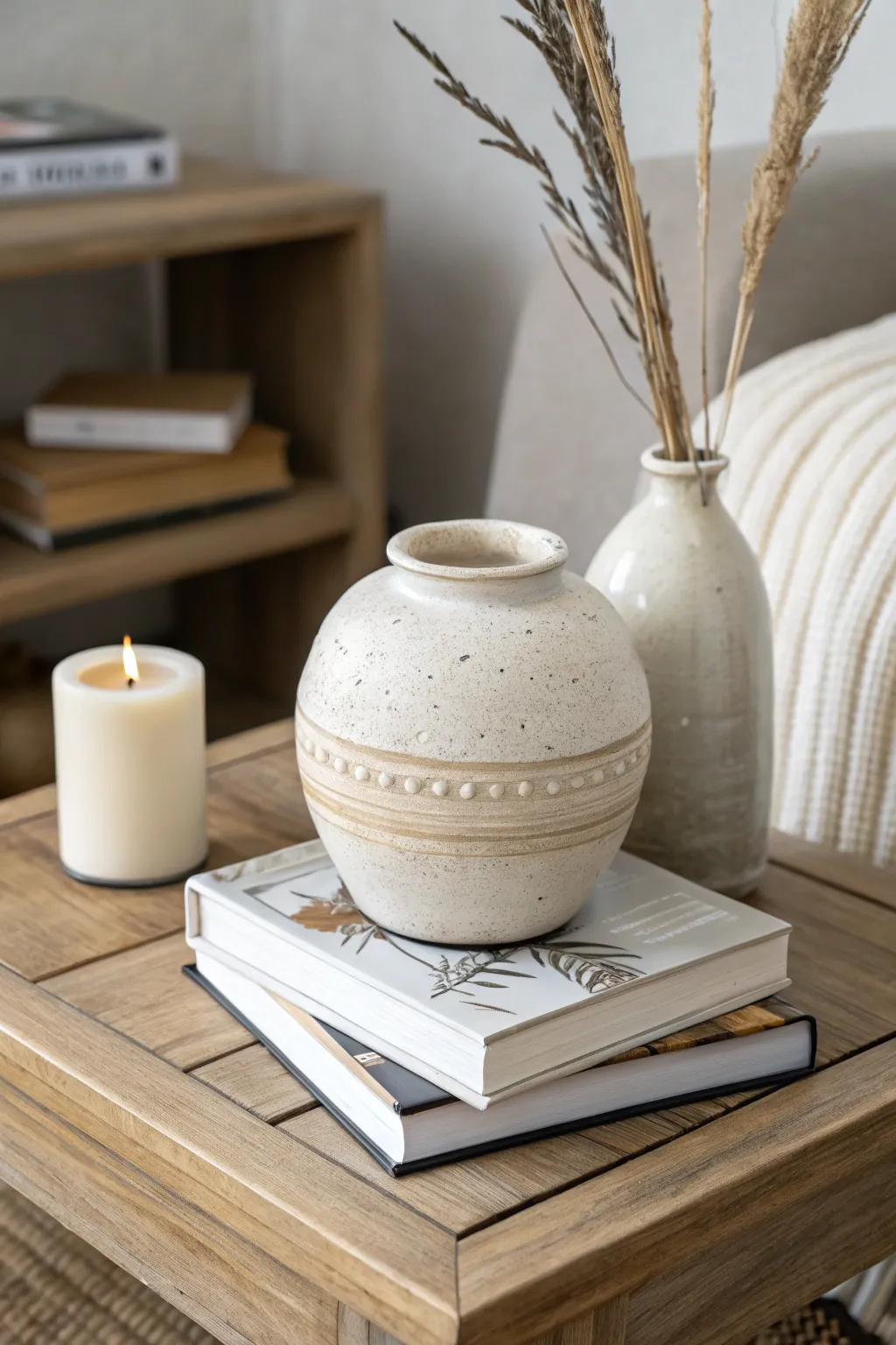 Minimal coffee table styling: a handmade ceramic vase on books with a soft, low arrangement.