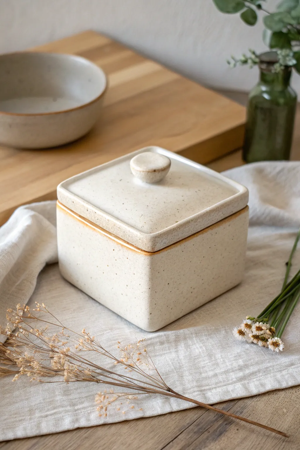 Minimal slab-built ceramic box with fitted lid, matte glaze and crisp edges in soft natural light