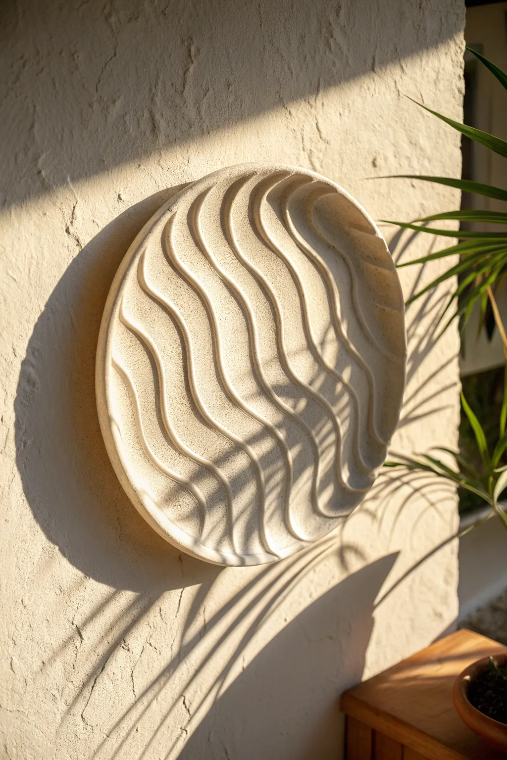 Abstract ripple ceramic wall slab with satin glaze, floating mount and dramatic shadow play.