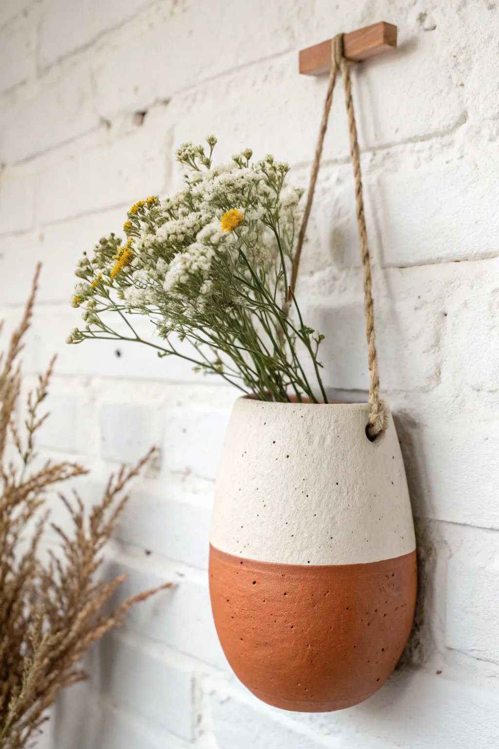 Two-tone dipped glaze wall pocket with a crisp color-block line and a tiny floral accent