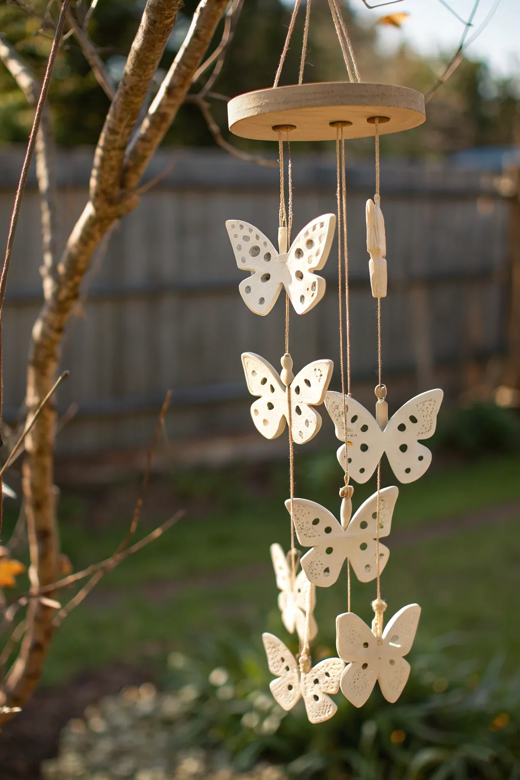 Sunlit ceramic butterfly mobile chime with simple cutouts for a soft, breezy clack