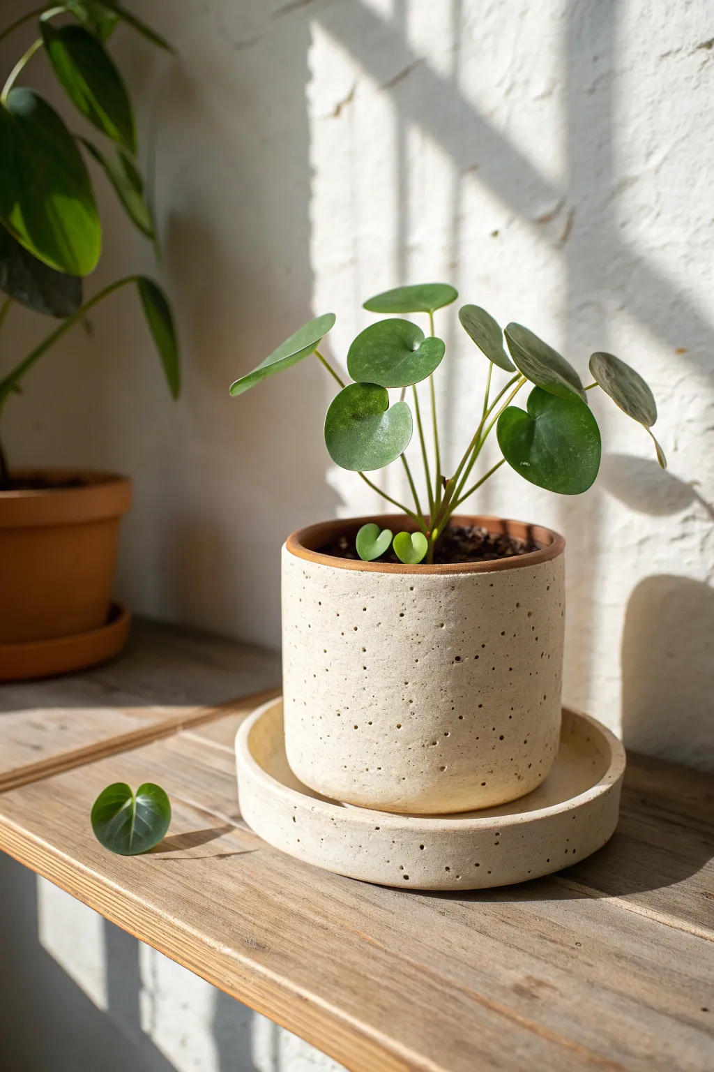 Chunky glazed statement planter with matching drip tray, styled simply for modern cozy homes.
