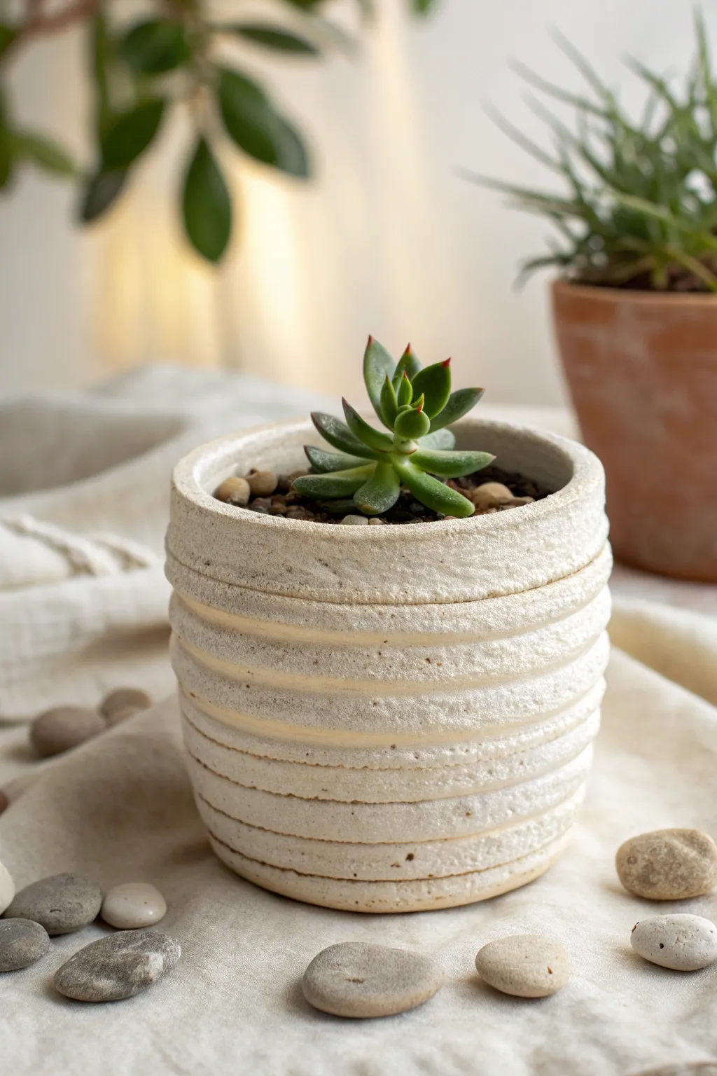 Coil-built succulent planter with tactile spirals, soft daylight, and a calm minimalist garden vibe.