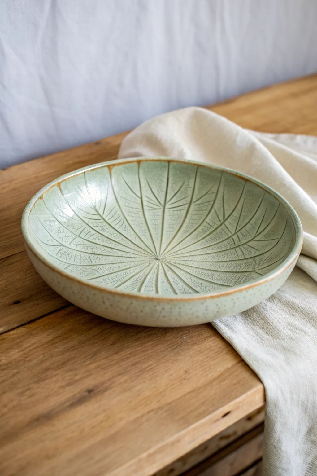 Soft celadon dish with leaf vein impressions, where glaze pools to highlight botanical texture.