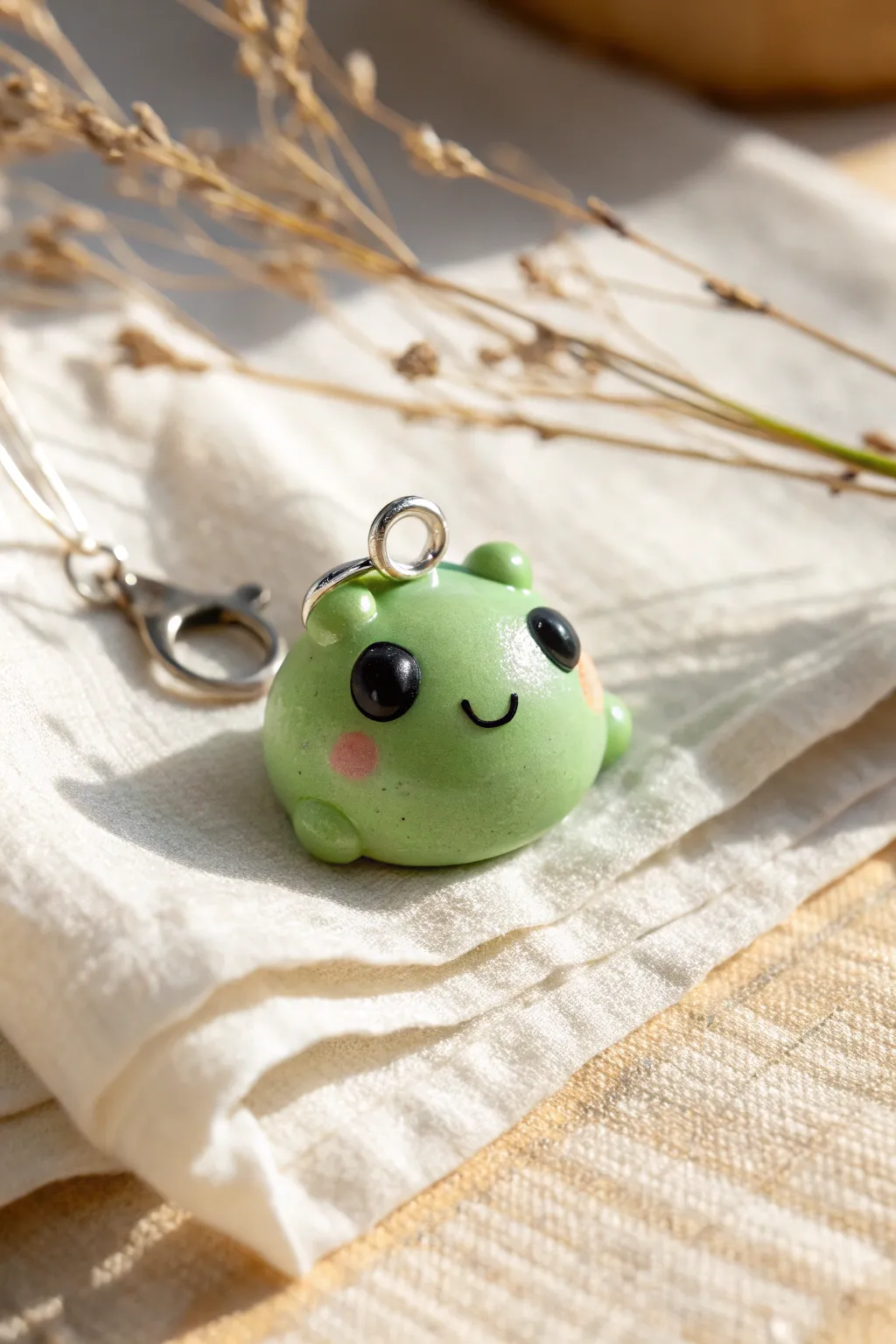 Plump pastel green bubble frog charm with a shiny loop, a simple cute clay idea for keychains.