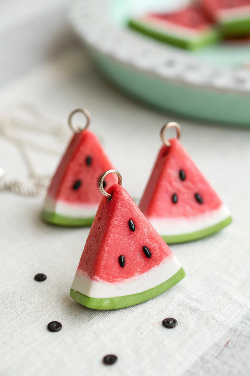 Sweet watermelon slice charms with tiny faces, clean and minimal styling, ready to charm a bag.