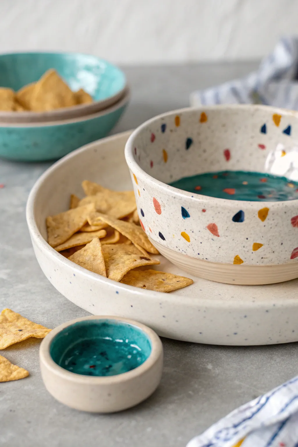 Confetti speckled chip and dip bowl with bold dip well, playful minimalist scandi vibe.