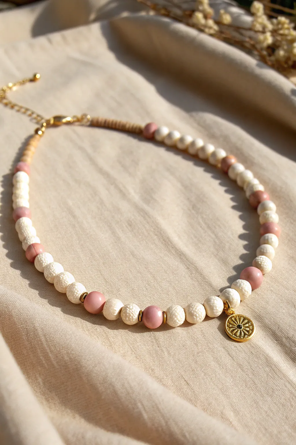 Minimal clay bead choker with a centered geometric pendant in soft neutrals and clean boho style