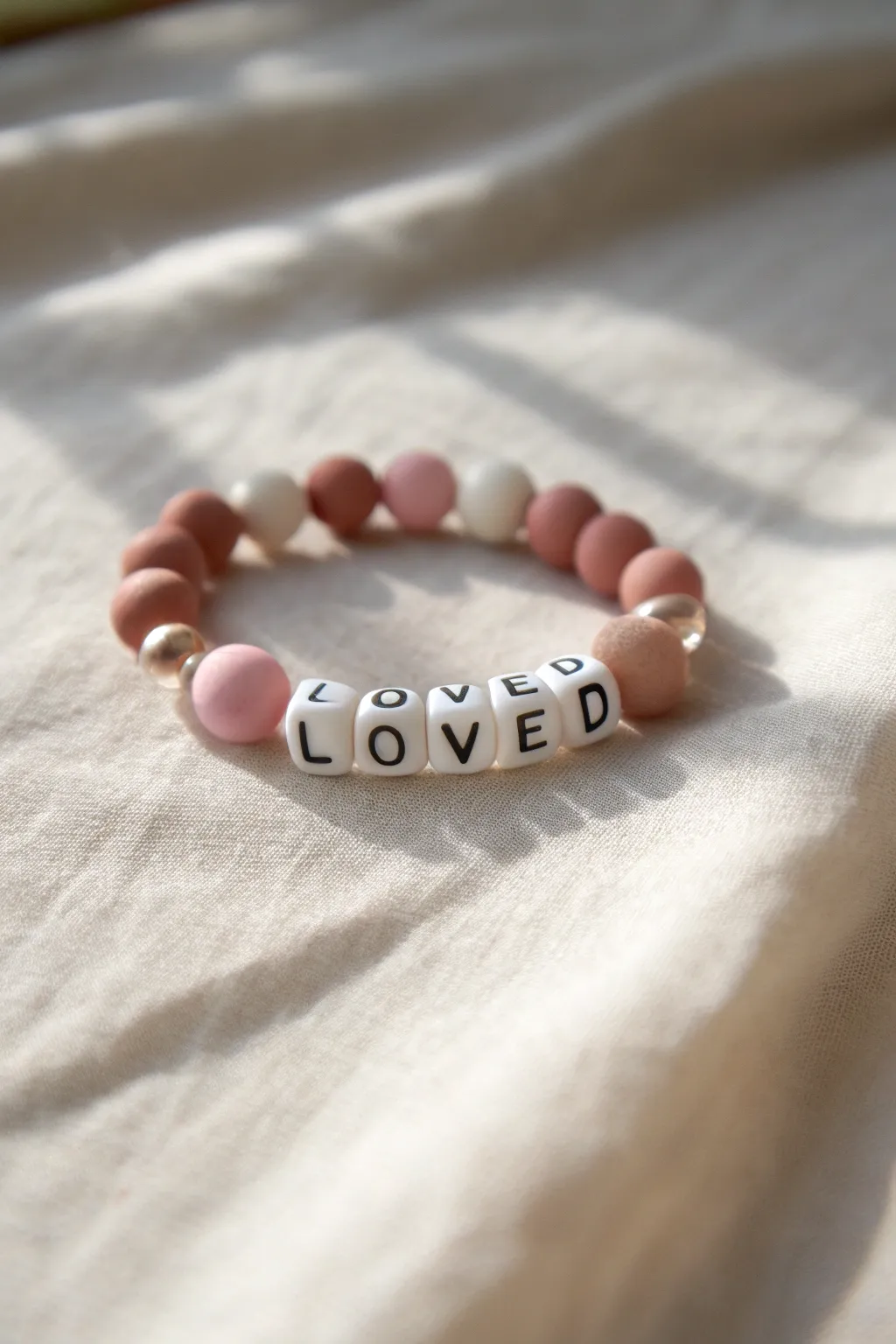 Soft blush clay bead bracelet spelling LOVED with a tiny heart accent in a clean boho style
