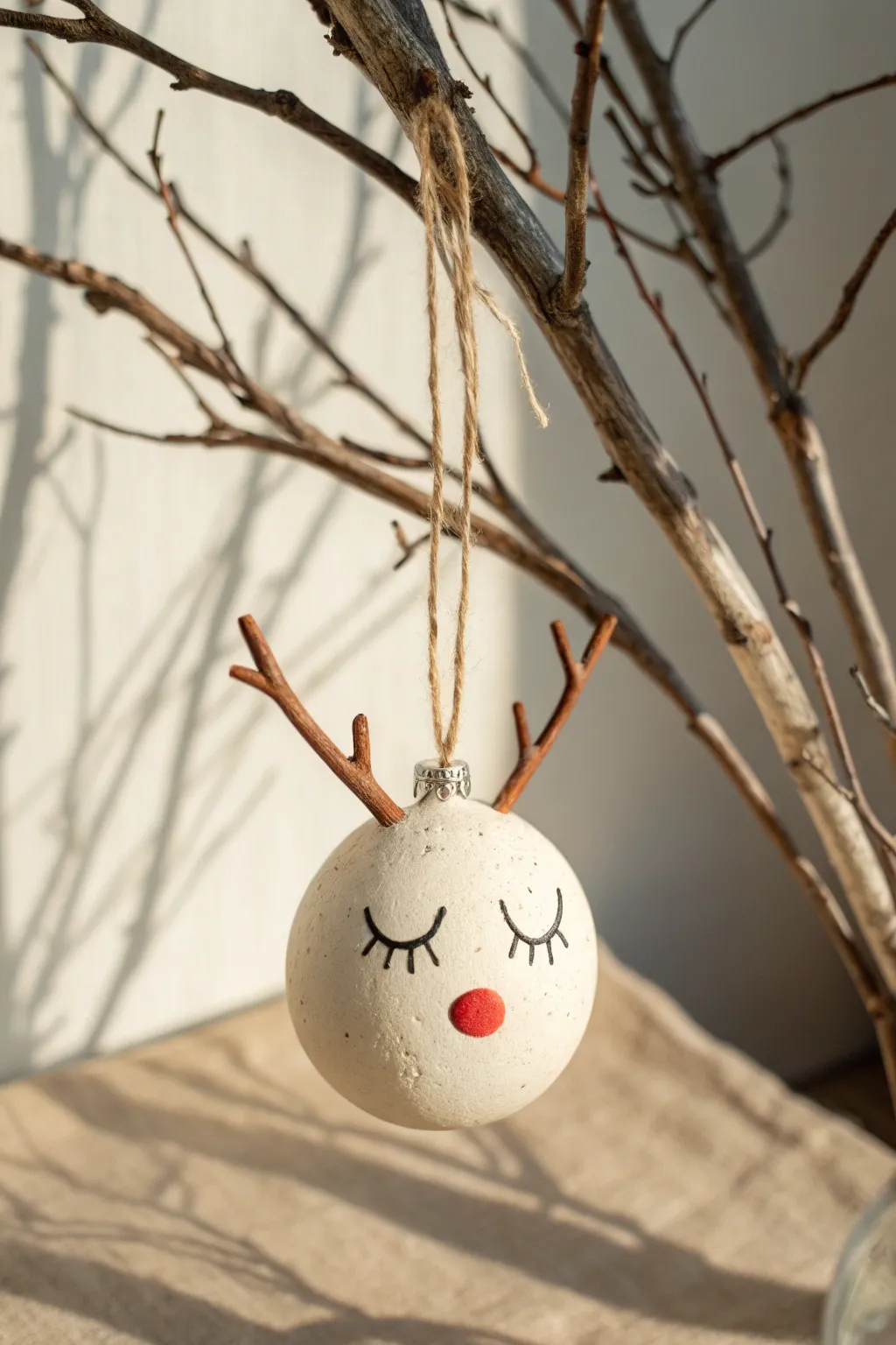 Minimalist air clay reindeer bauble with tiny antlers, perfect for a cozy Scandinavian tree.