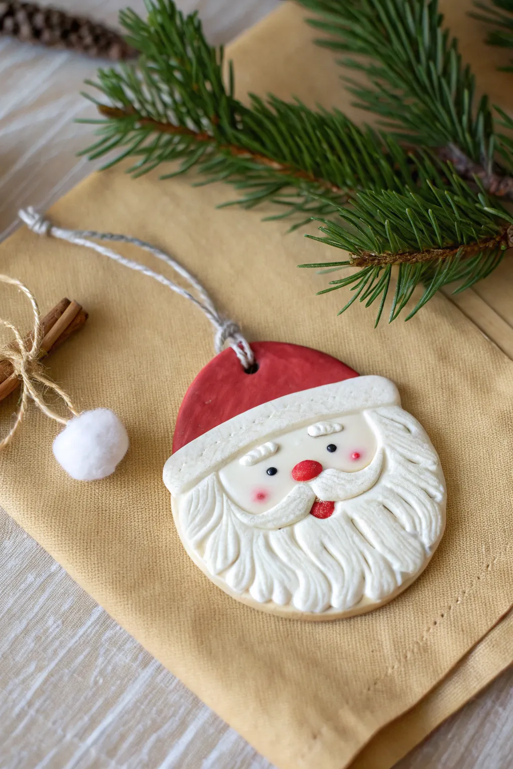 Sweet minimalist Santa medallion ornament in air dry clay, perfect for a cozy handmade tree