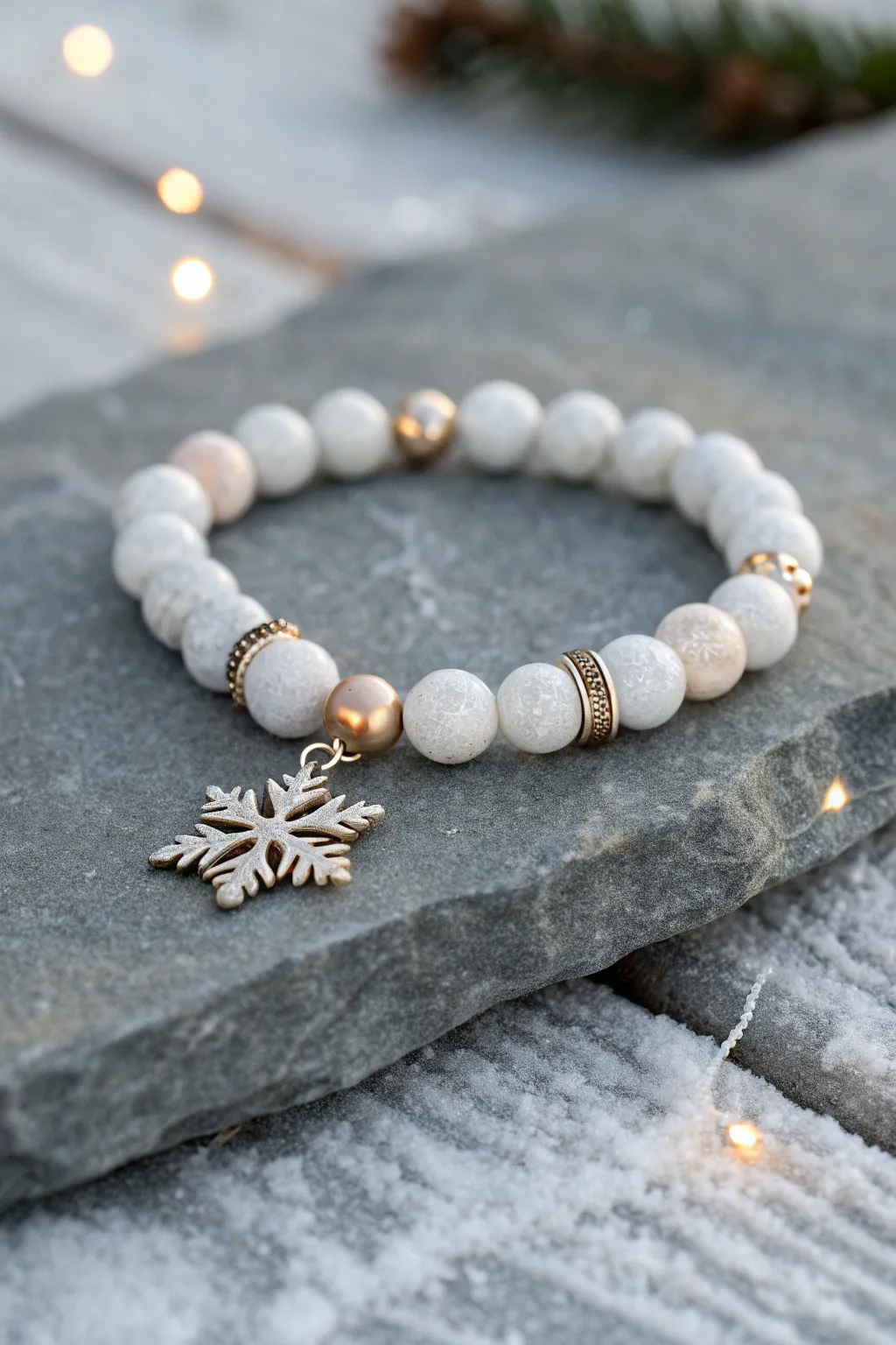 Icy white clay bead bracelet with a snowflake charm and subtle metallic spacers, clean and wintry.