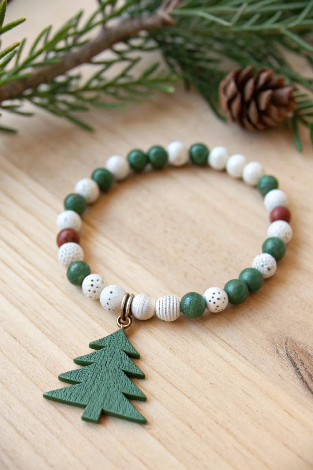 Tiny tree charm bracelet with green and white clay beads, a minimalist Christmas accent.