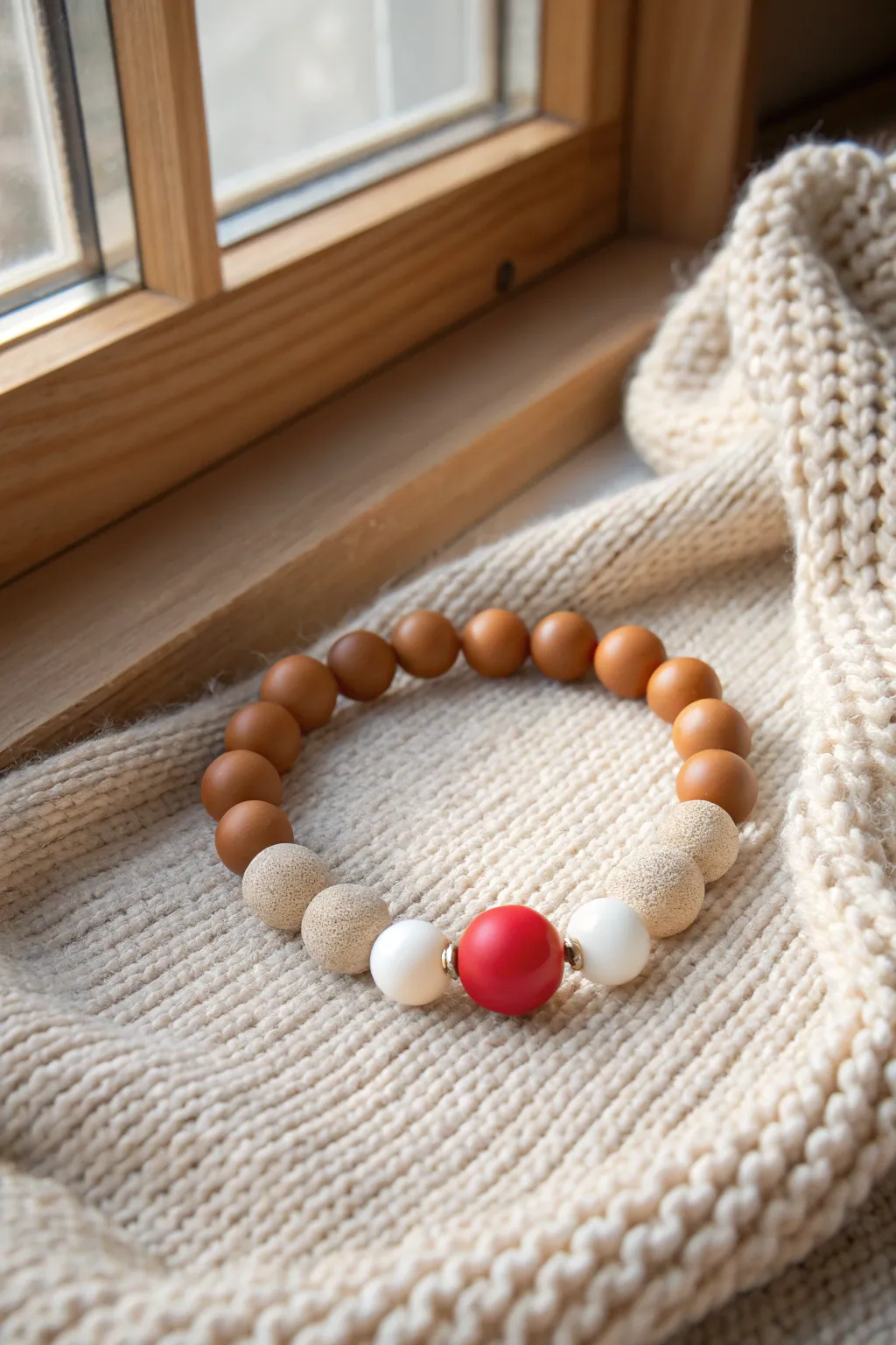 Reindeer neutral clay bracelet with one bold red nose bead for a cozy Scandinavian Christmas vibe.