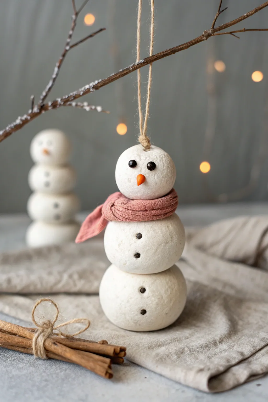 Minimalist clay snowman stack ornament with cozy scarf, perfect handmade Christmas charm.